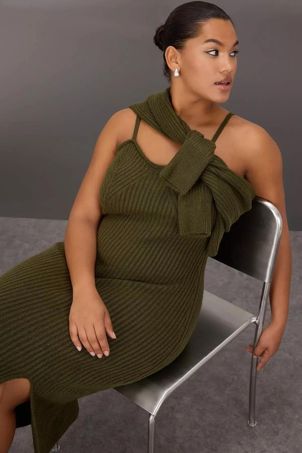 Green Ribbed Knit Dress Bolero Set, Khaki, large image number 1