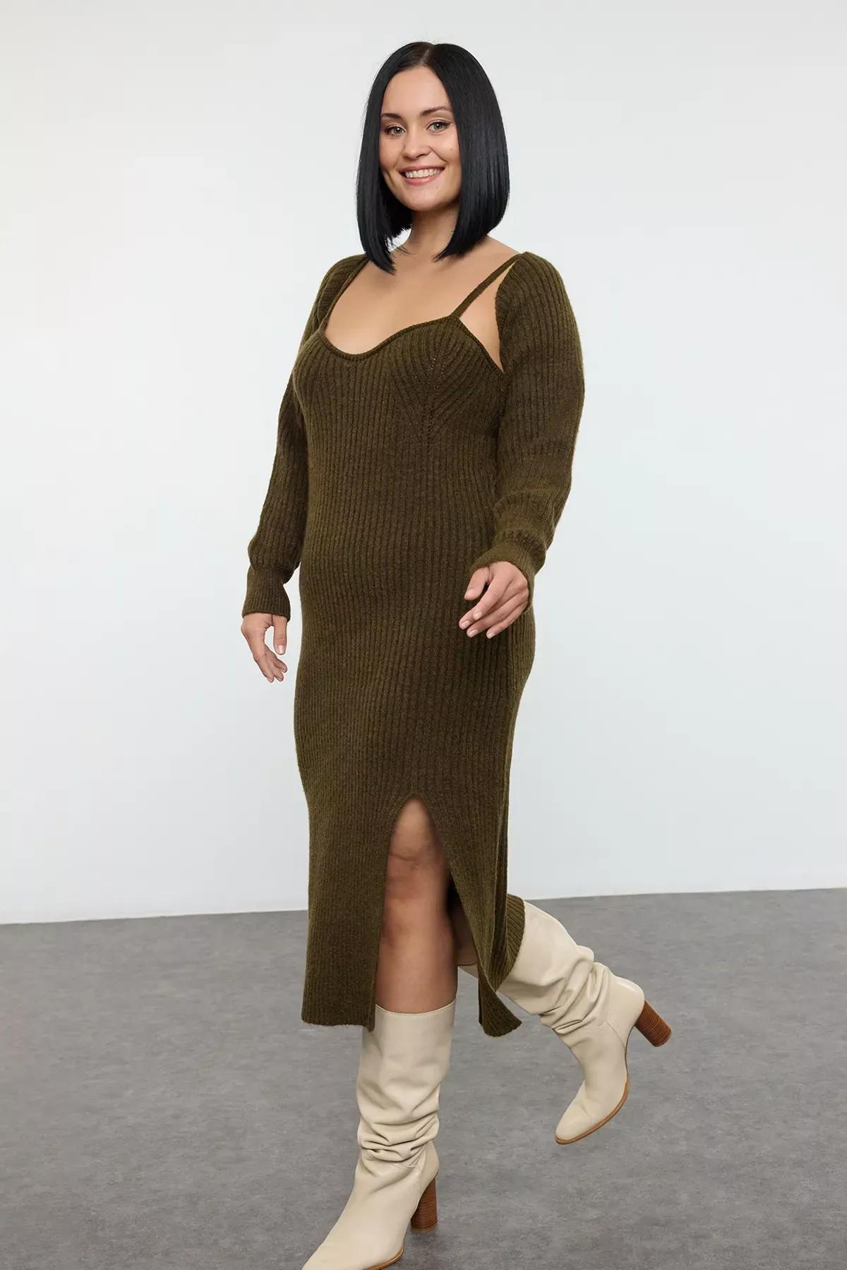 Green Ribbed Knit Dress Bolero Set, Khaki, large image number 2