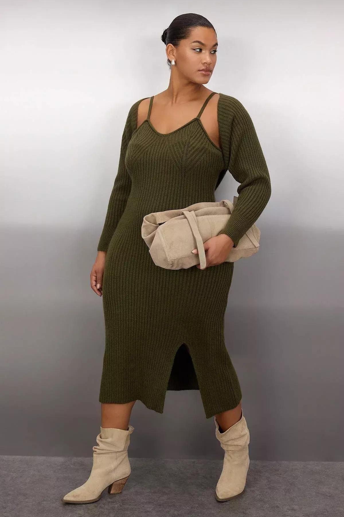 Green Ribbed Knit Dress Bolero Set, Khaki, large image number 3
