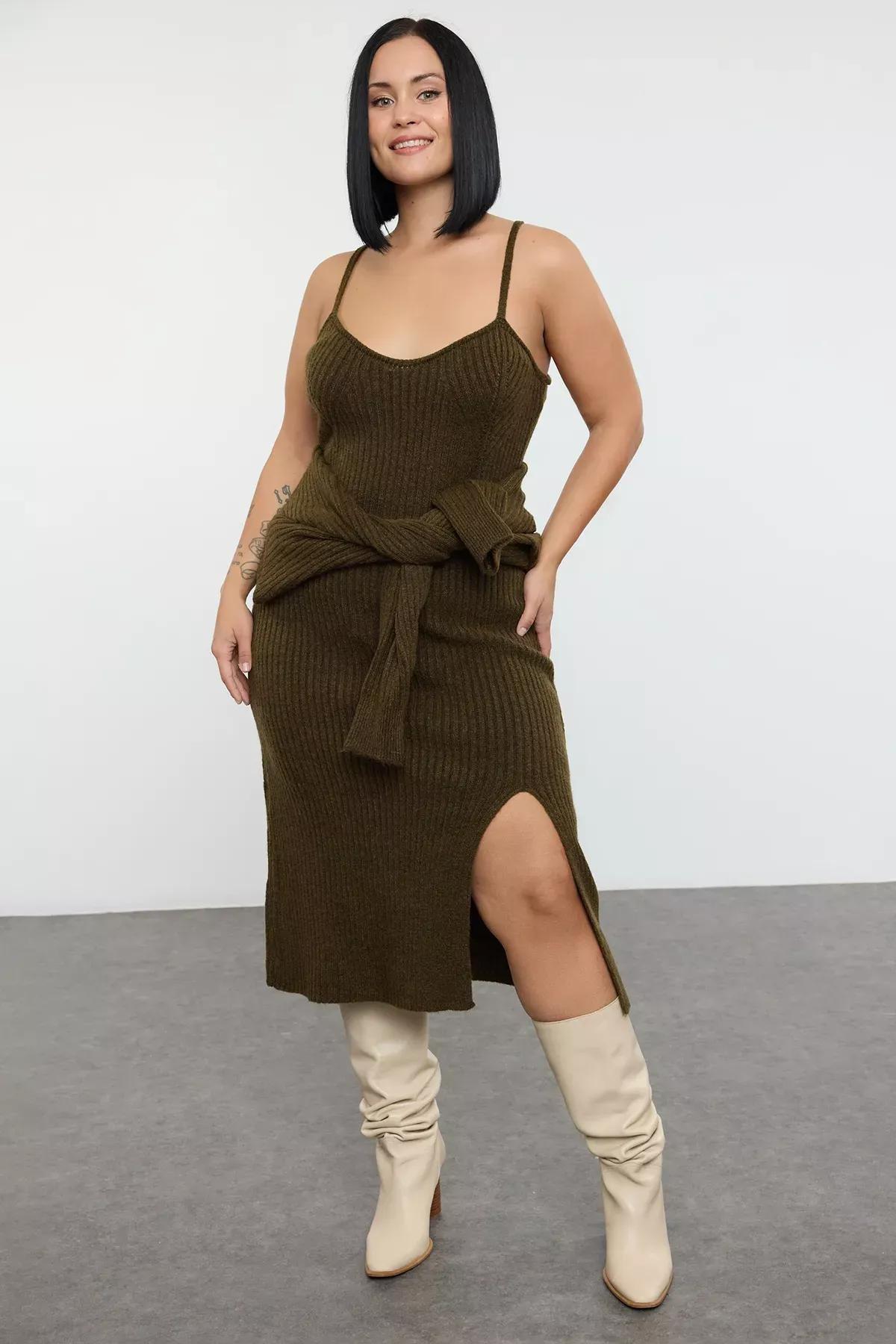 Green Ribbed Knit Dress Bolero Set, Khaki, large image number 4