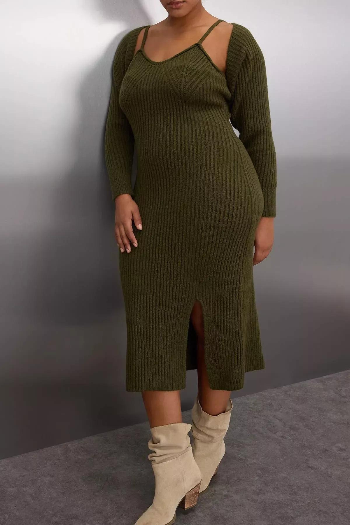 Green Ribbed Knit Dress Bolero Set, Khaki, large image number 5