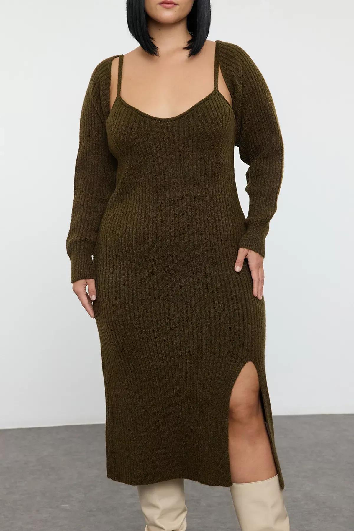 Green Ribbed Knit Dress Bolero Set, Khaki, large image number 6