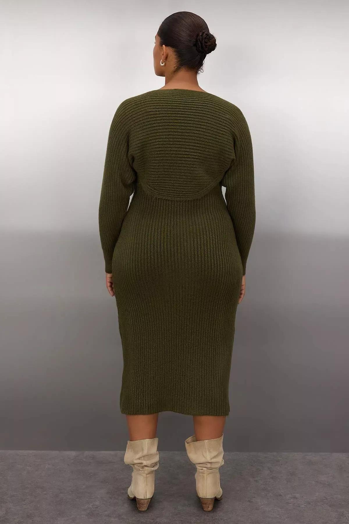 Green Ribbed Knit Dress Bolero Set, Khaki, large image number 7