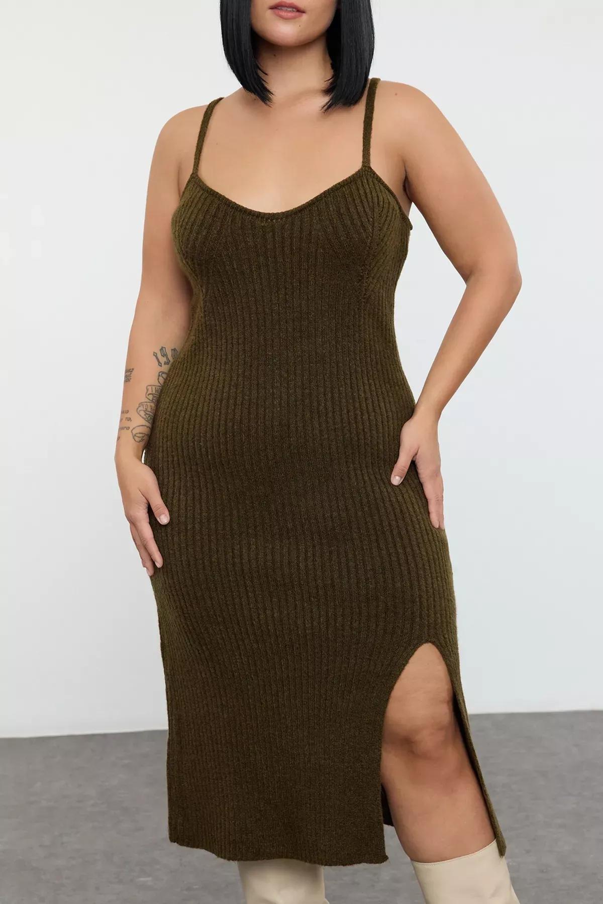 Green Ribbed Knit Dress Bolero Set, Khaki, large image number 8