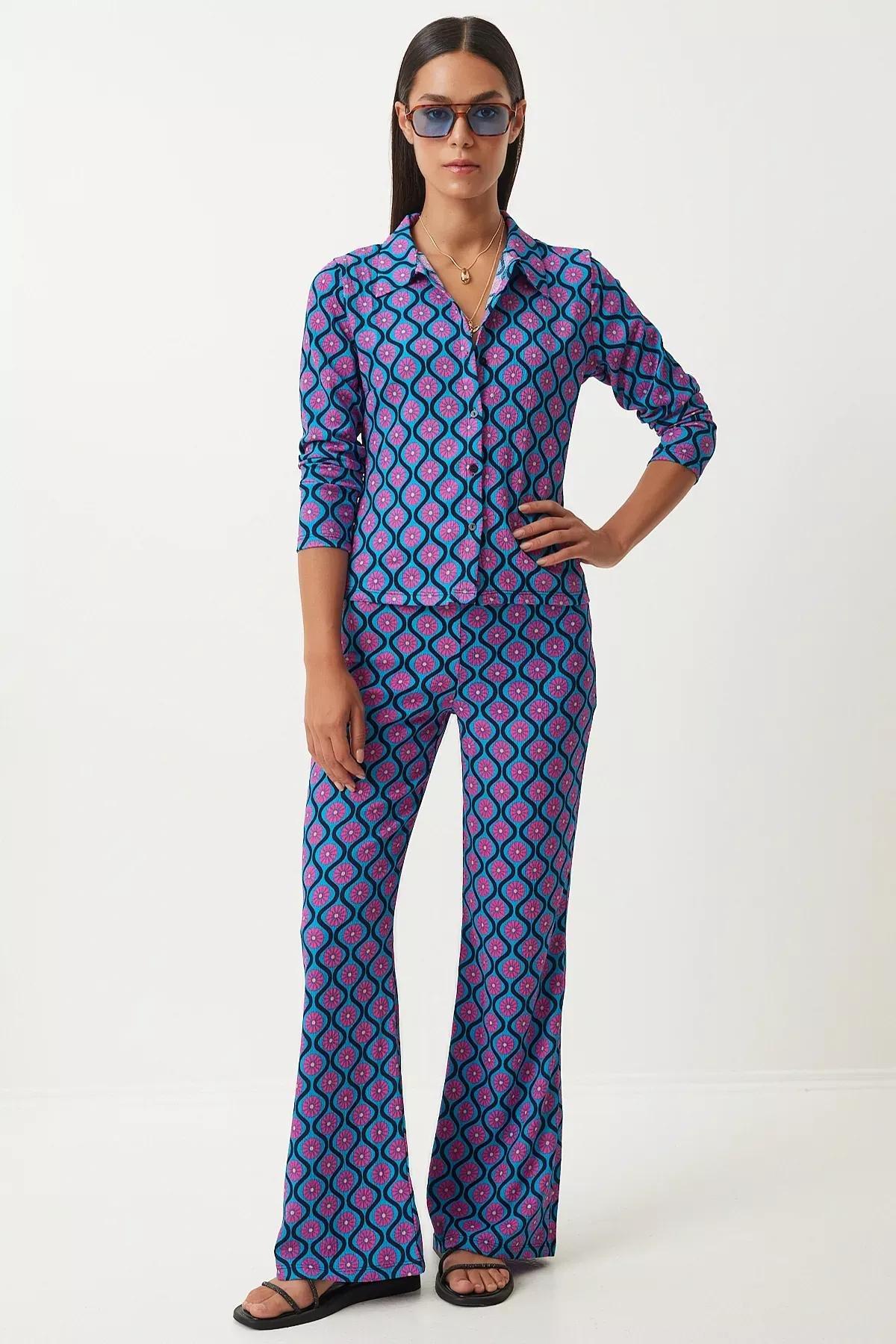 طقم متناسق صيفي منسوج بنمط منقوش، أزرق, Blue Pink, large image number 0