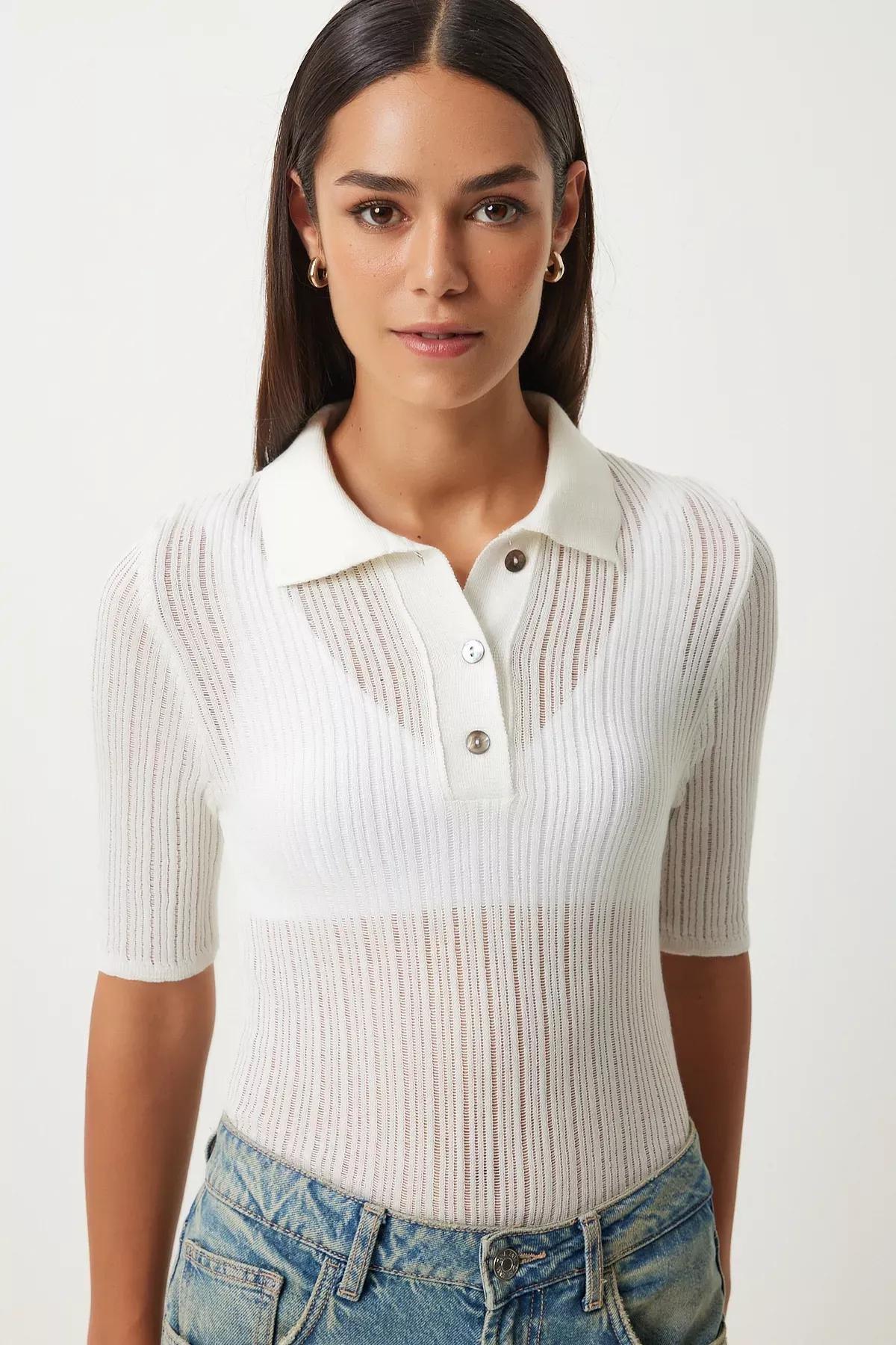 Beige Polo Neck Transparent Knitwear Blouse, Ecru, large image number 1