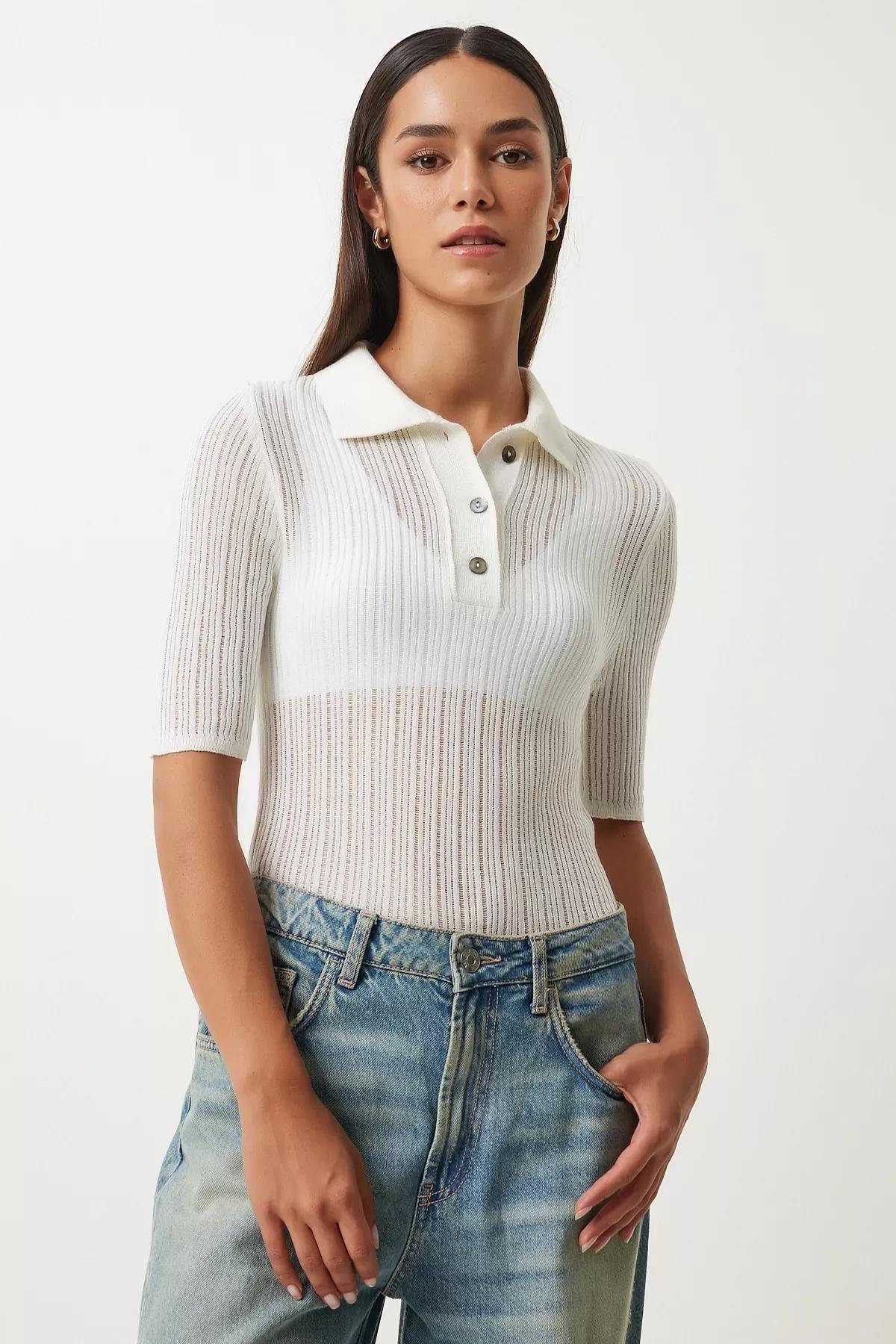 Beige Polo Neck Transparent Knitwear Blouse, Ecru, large image number 2