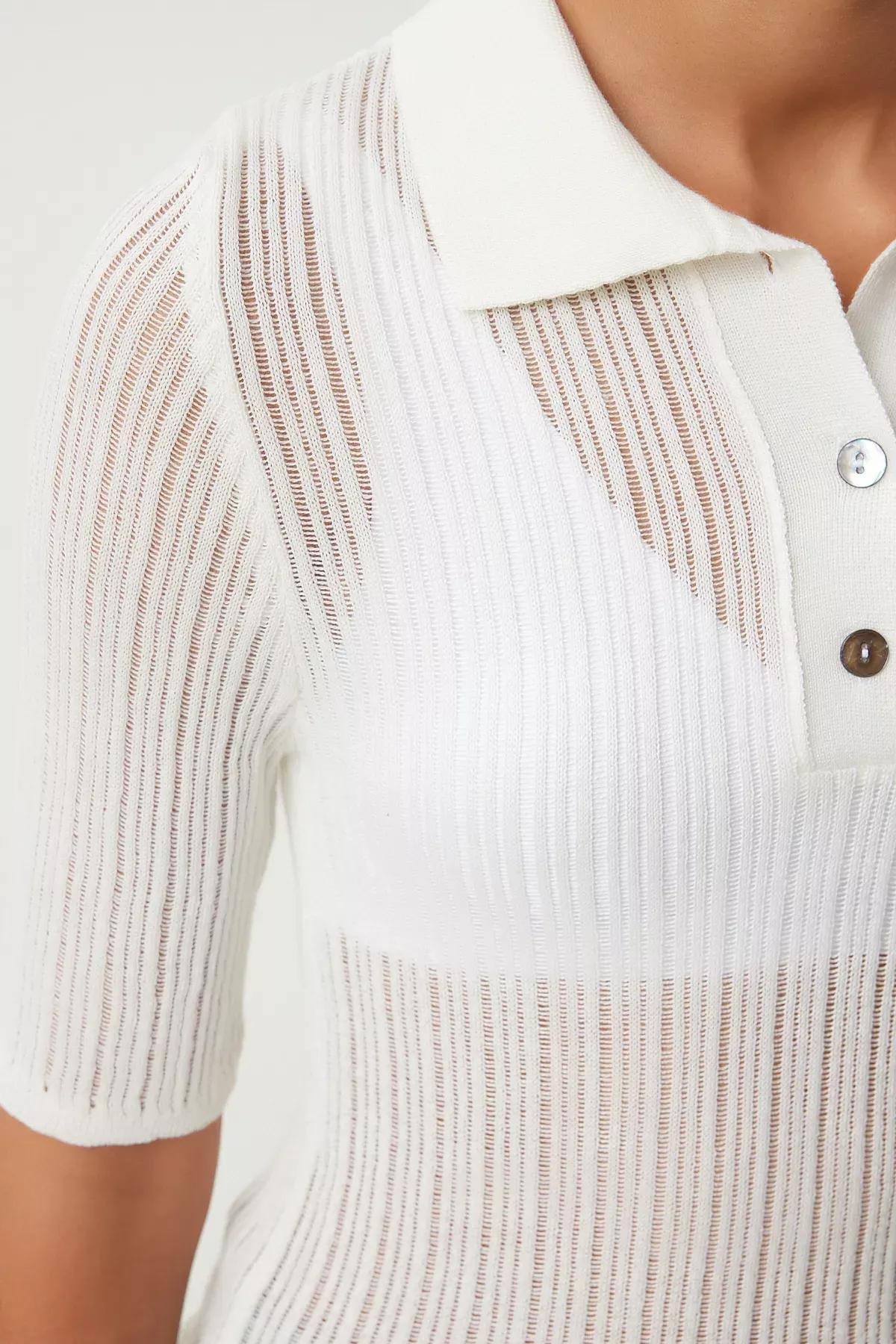 Beige Polo Neck Transparent Knitwear Blouse, Ecru, large image number 4