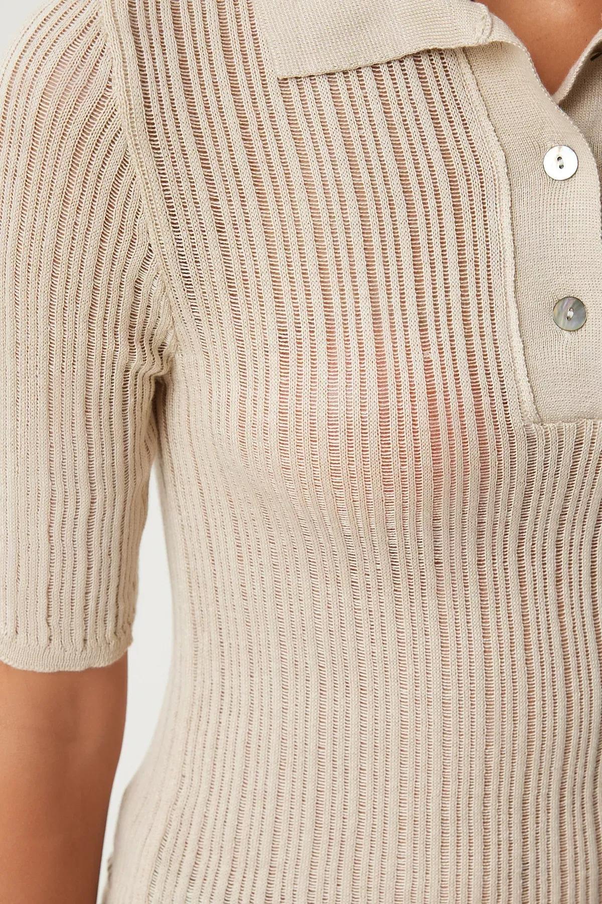 Biscuit Polo Neck Transparent Knitted Blouse, BISCUIT, large image number 3