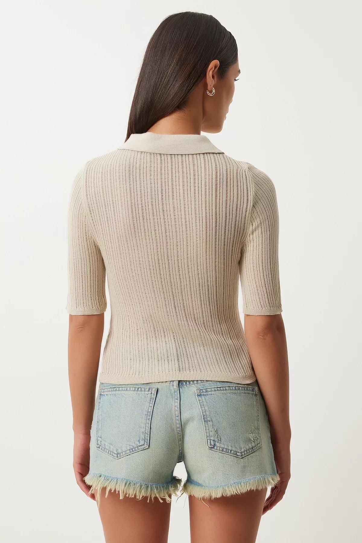 Biscuit Polo Neck Transparent Knitted Blouse, BISCUIT, large image number 4