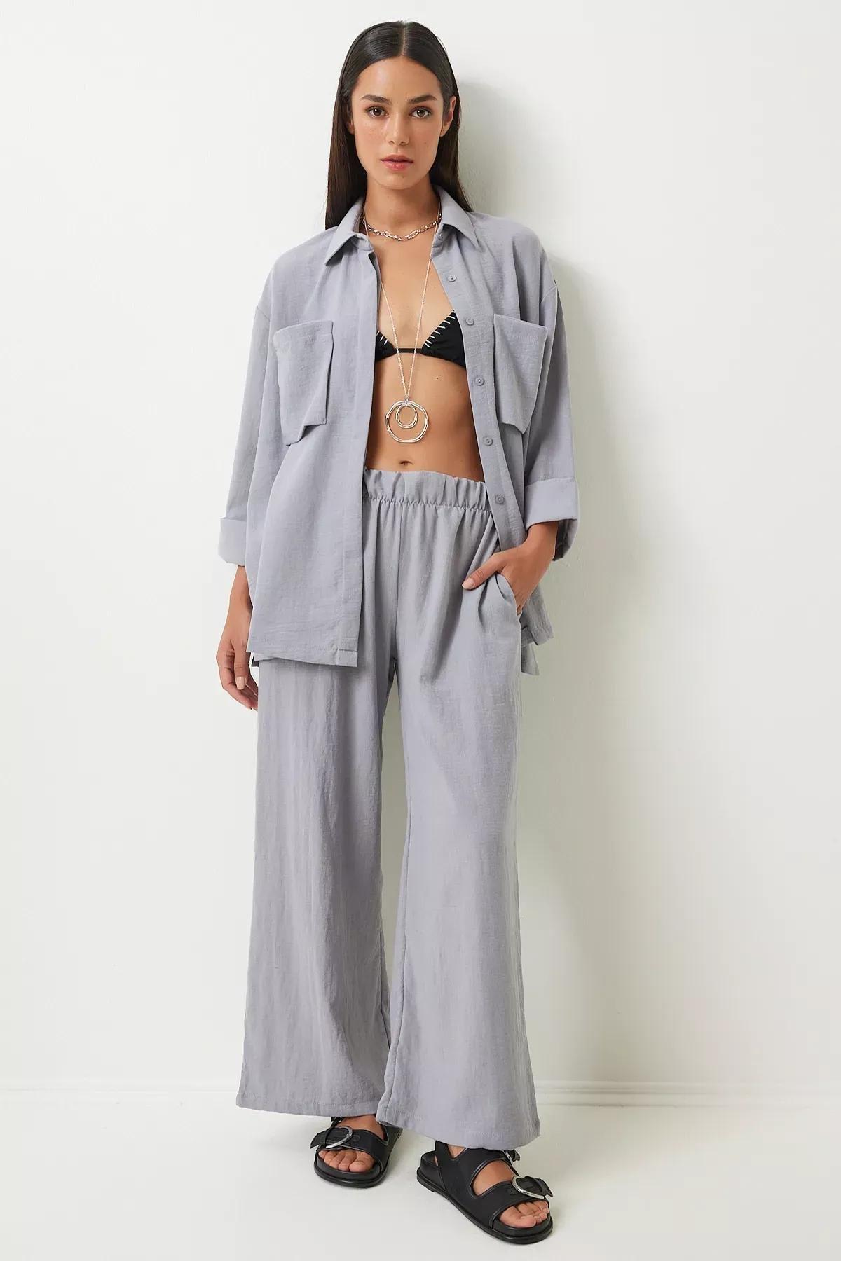 Grey Linen Pocket Shirt Trouser Set, Grey, large image number 0