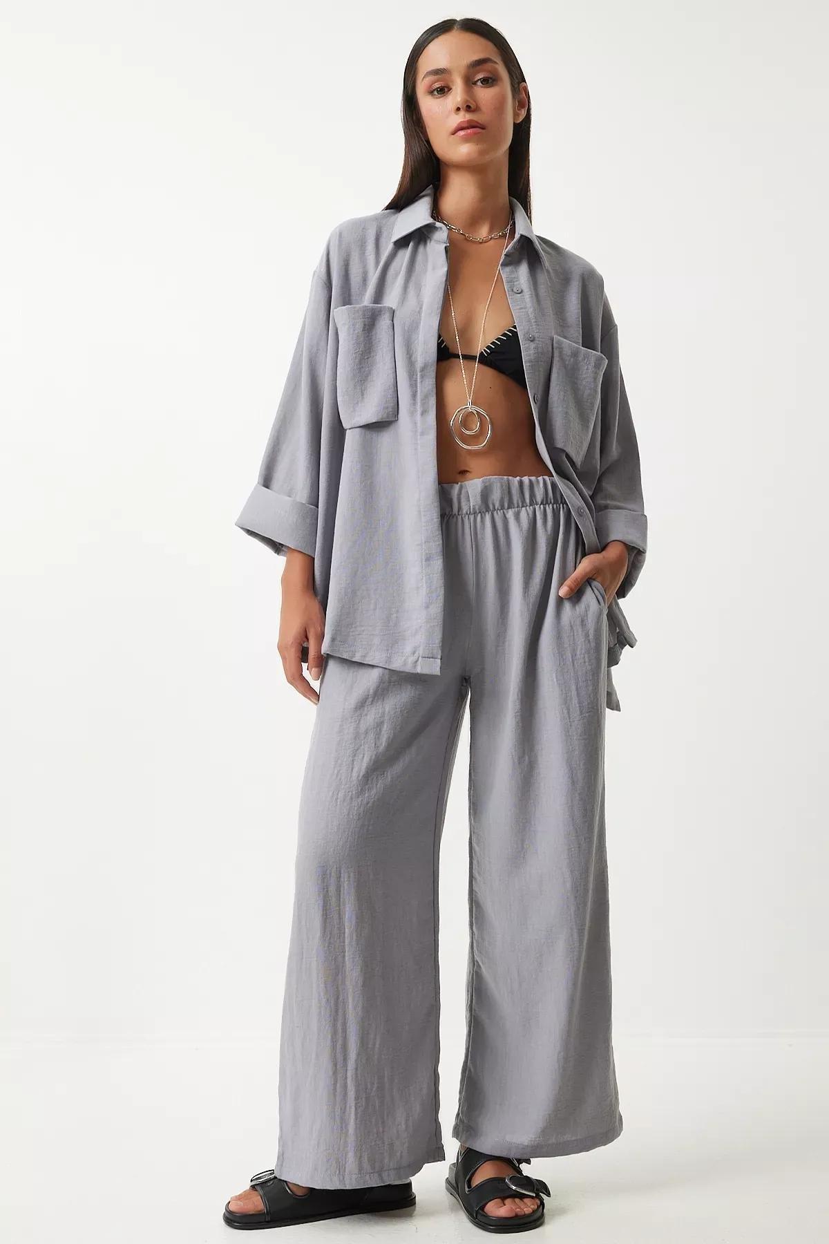 Grey Linen Pocket Shirt Trouser Set, Grey, large image number 1