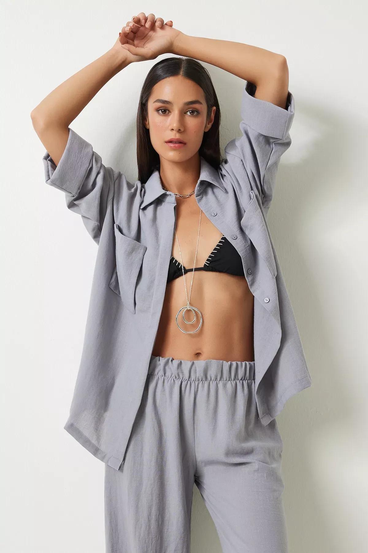 Grey Linen Pocket Shirt Trouser Set, Grey, large image number 2
