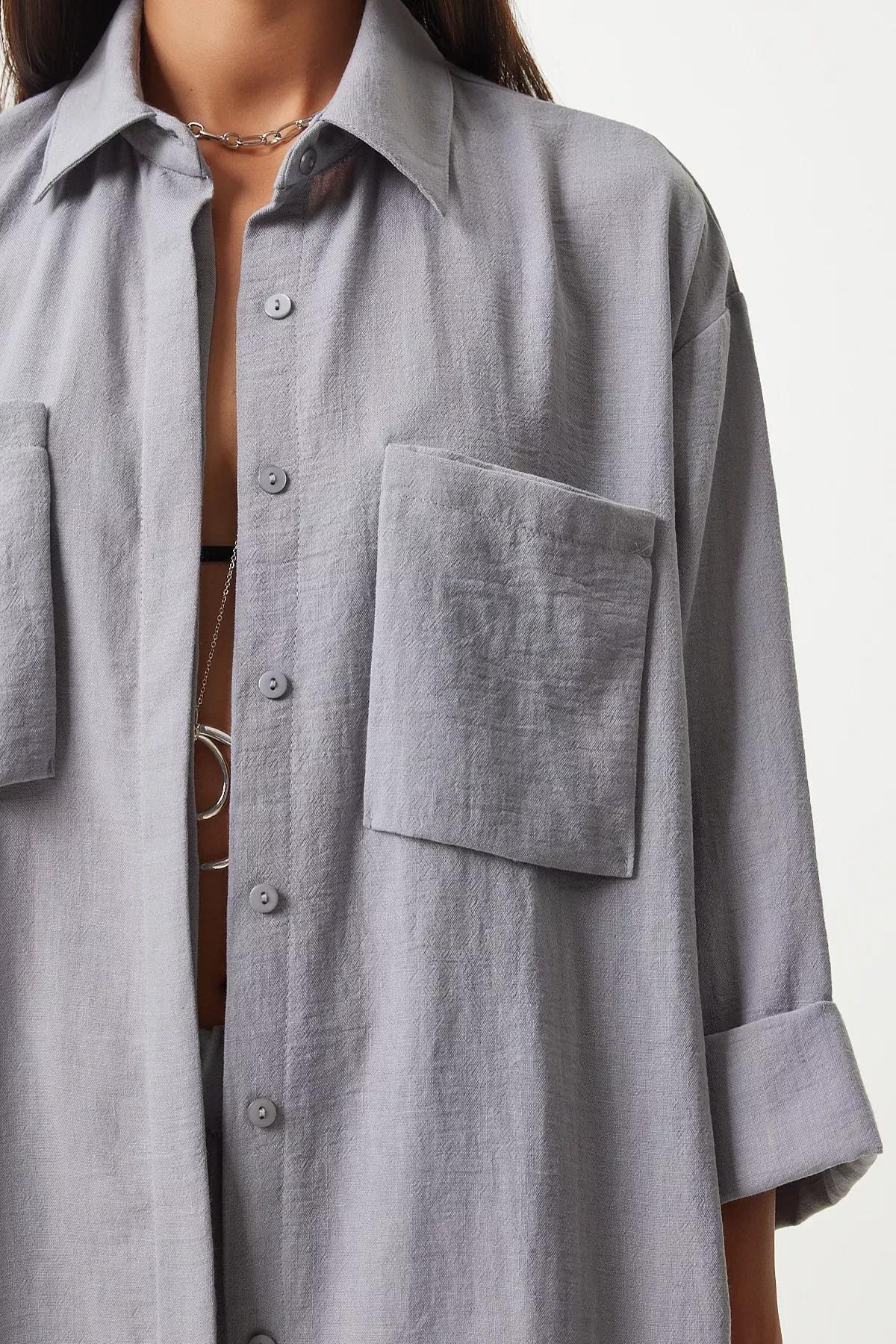 Grey Linen Pocket Shirt Trouser Set, Grey, large image number 3