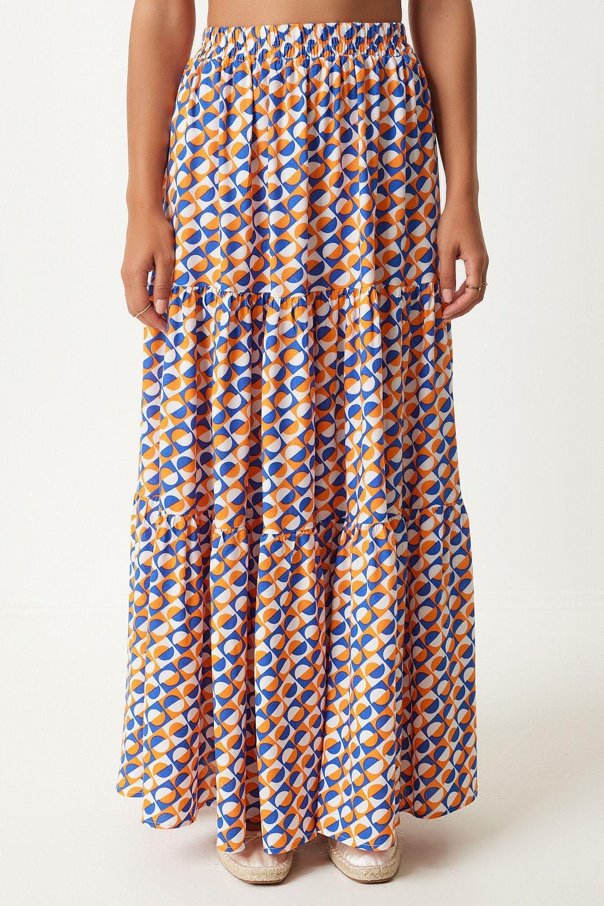 تنورة طويلة بنمط منقوش بكشكش، ألوان متعددة, Orange Blue, large image number 0