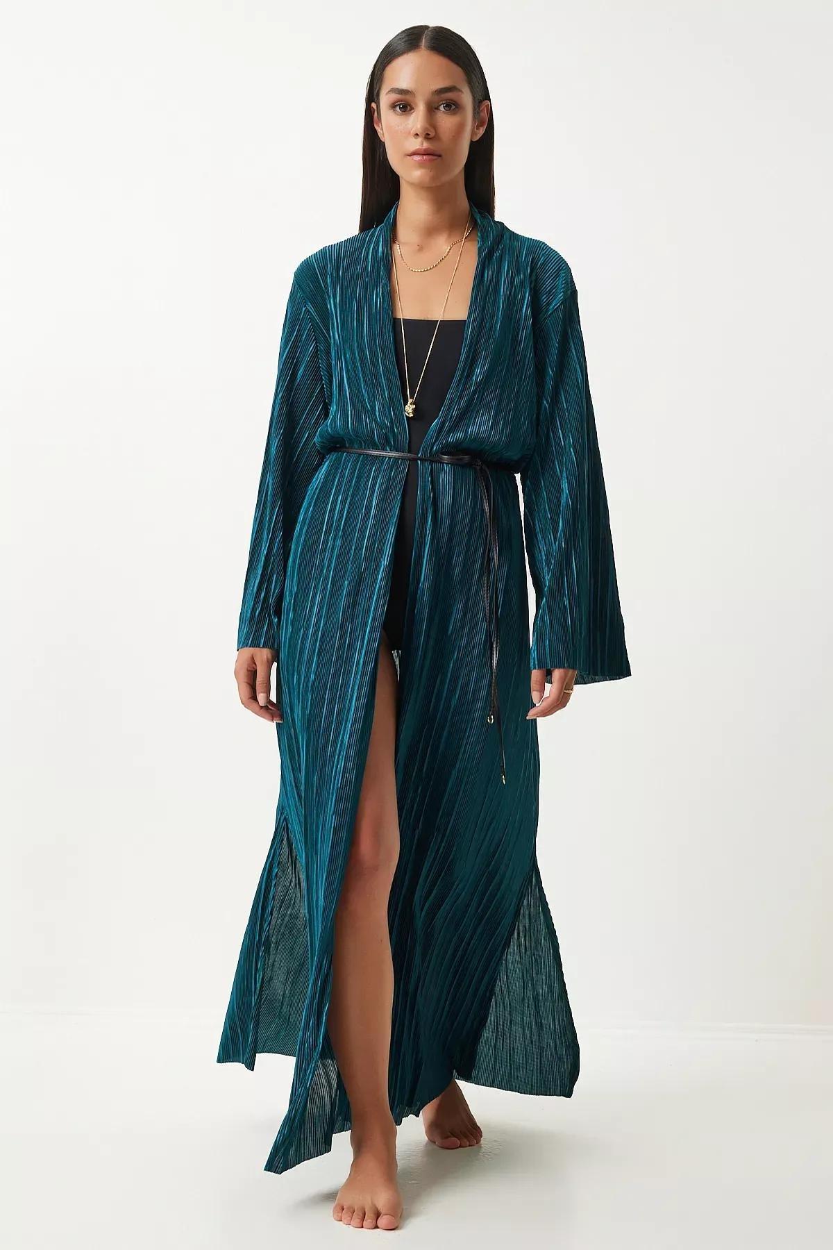 Dark Green Leather Long Kimono, , large image number 0
