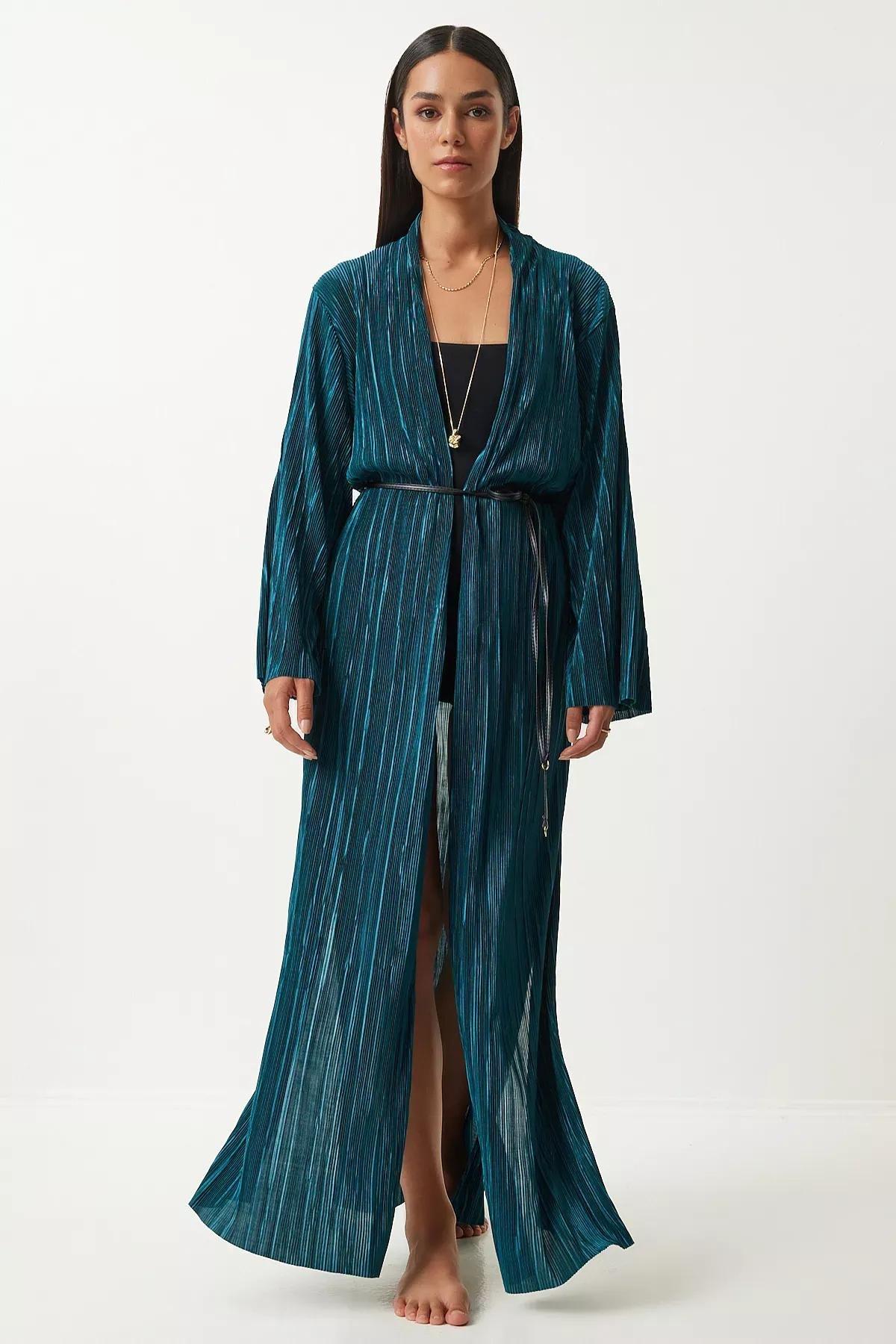 Dark Green Leather Long Kimono, , large image number 1