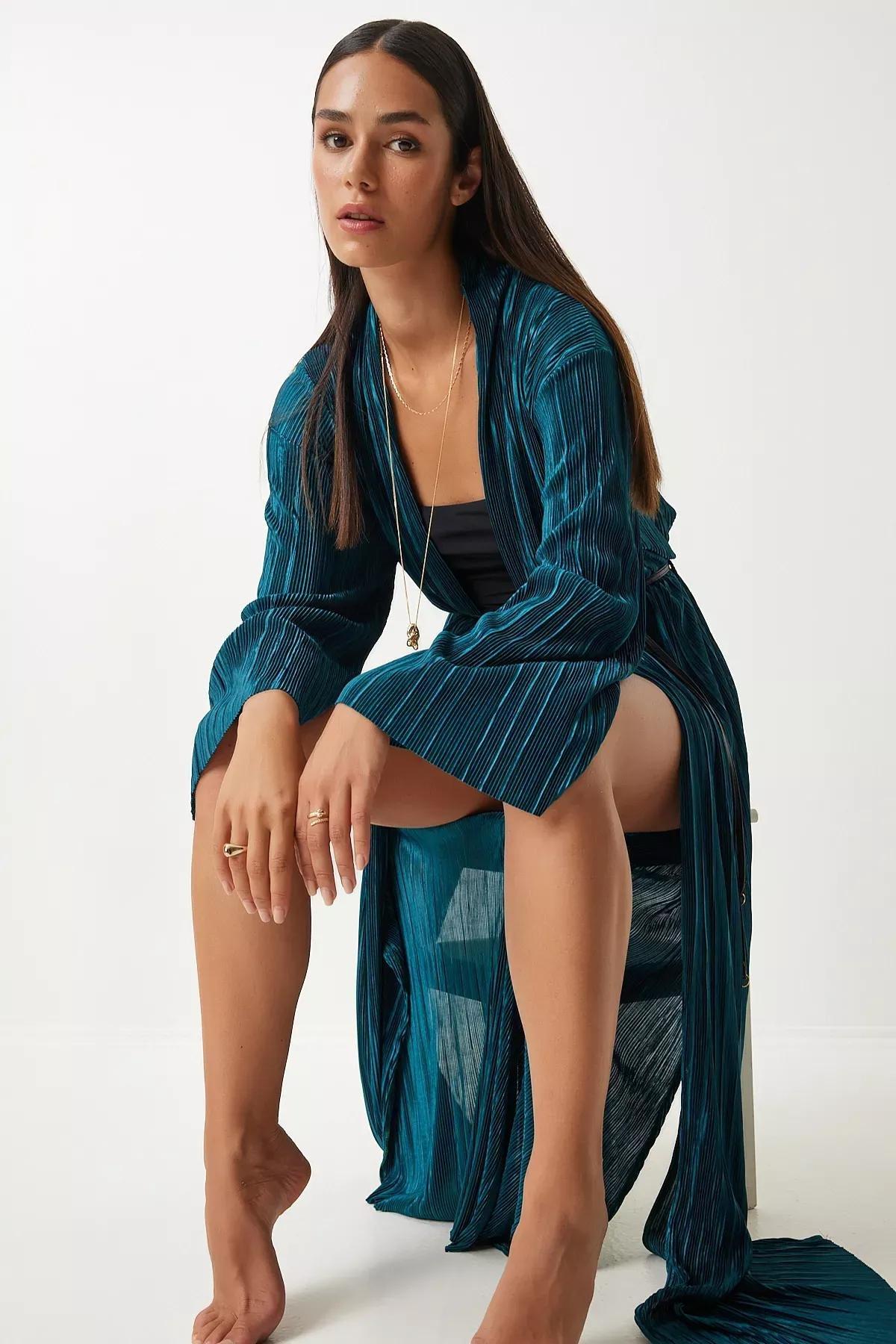 Dark Green Leather Long Kimono, , large image number 3