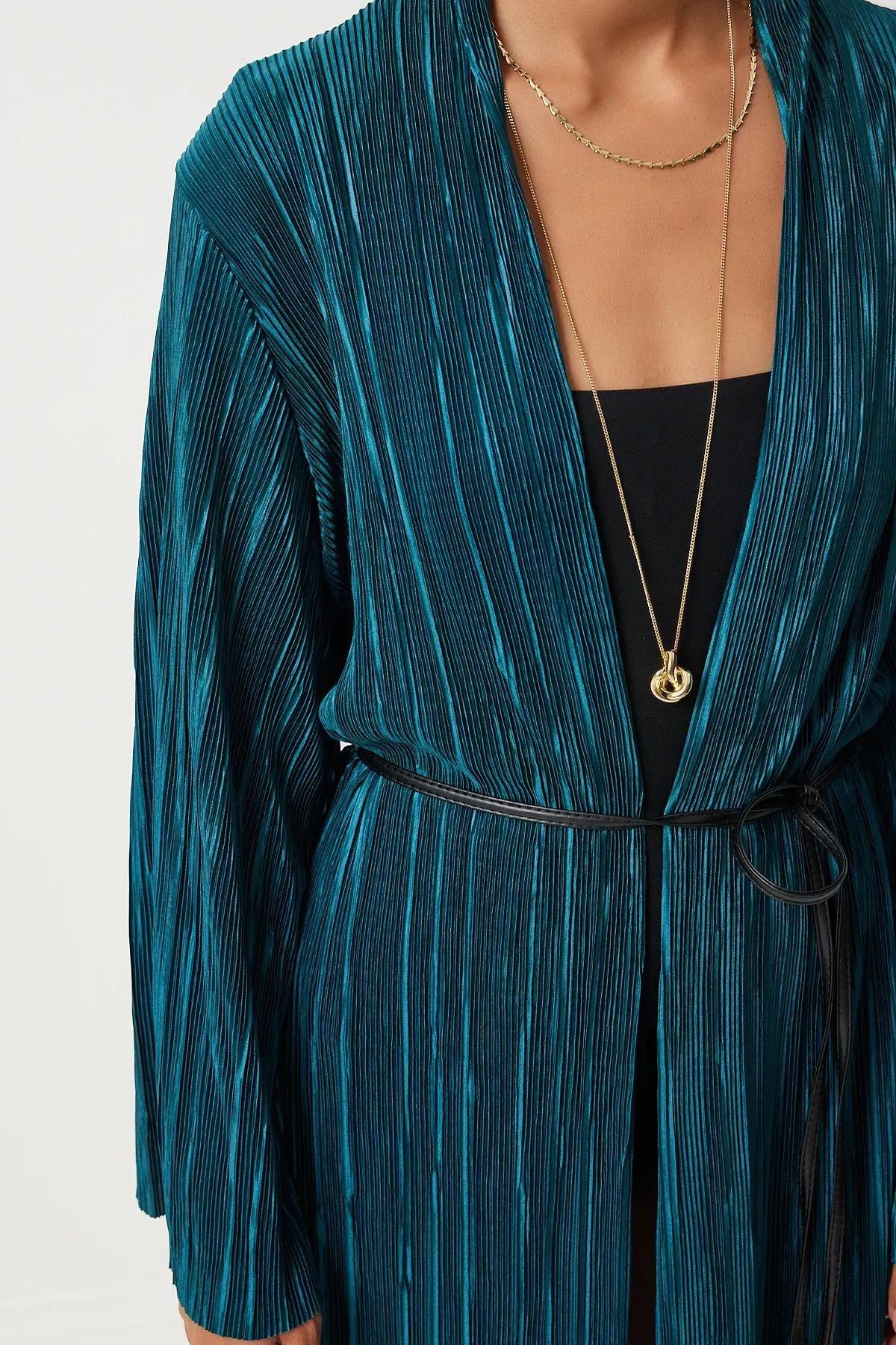 Dark Green Leather Long Kimono, , large image number 4
