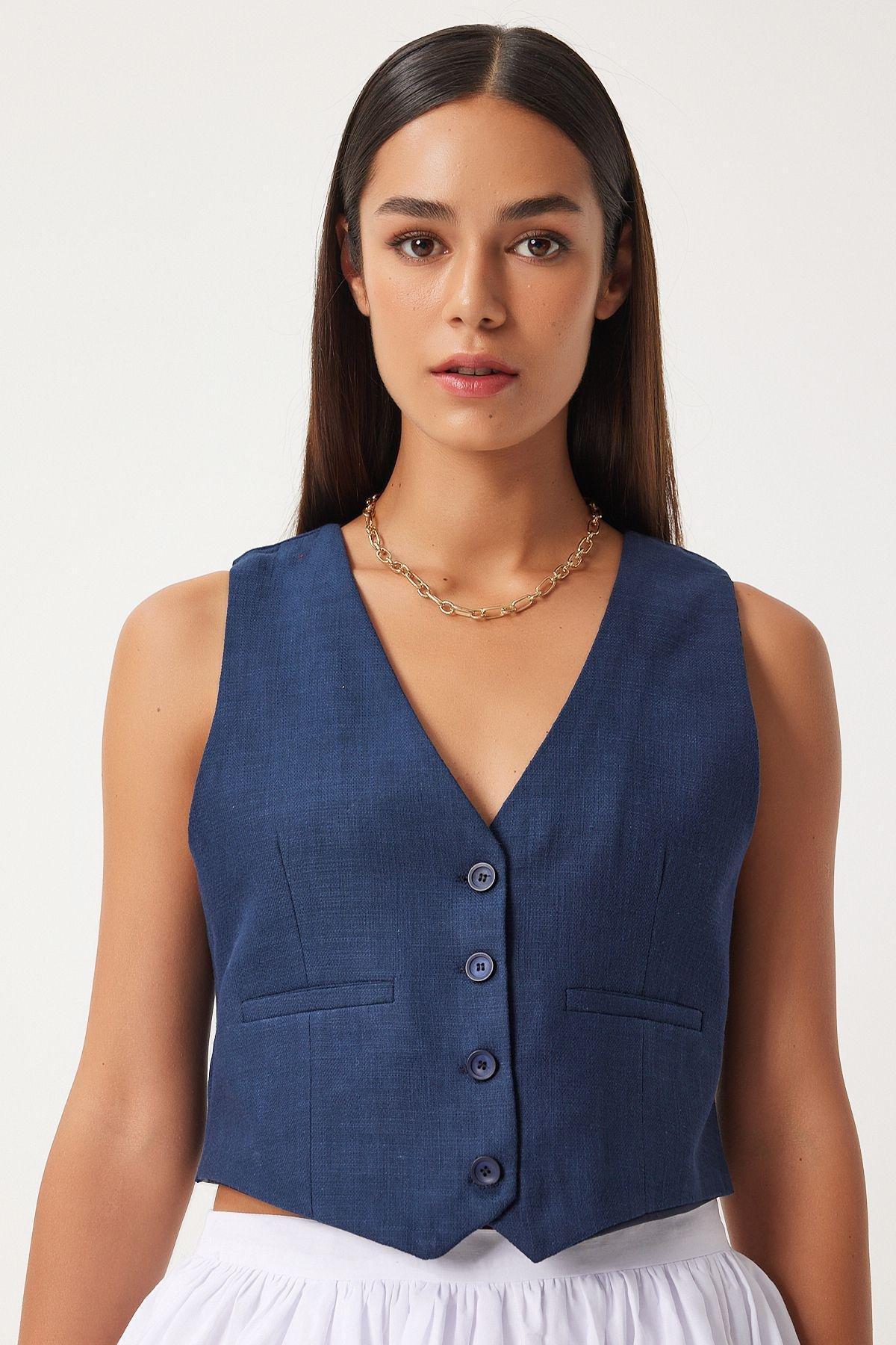Womens Navy Blue Linen Short Vest KT00011, , large image number 0