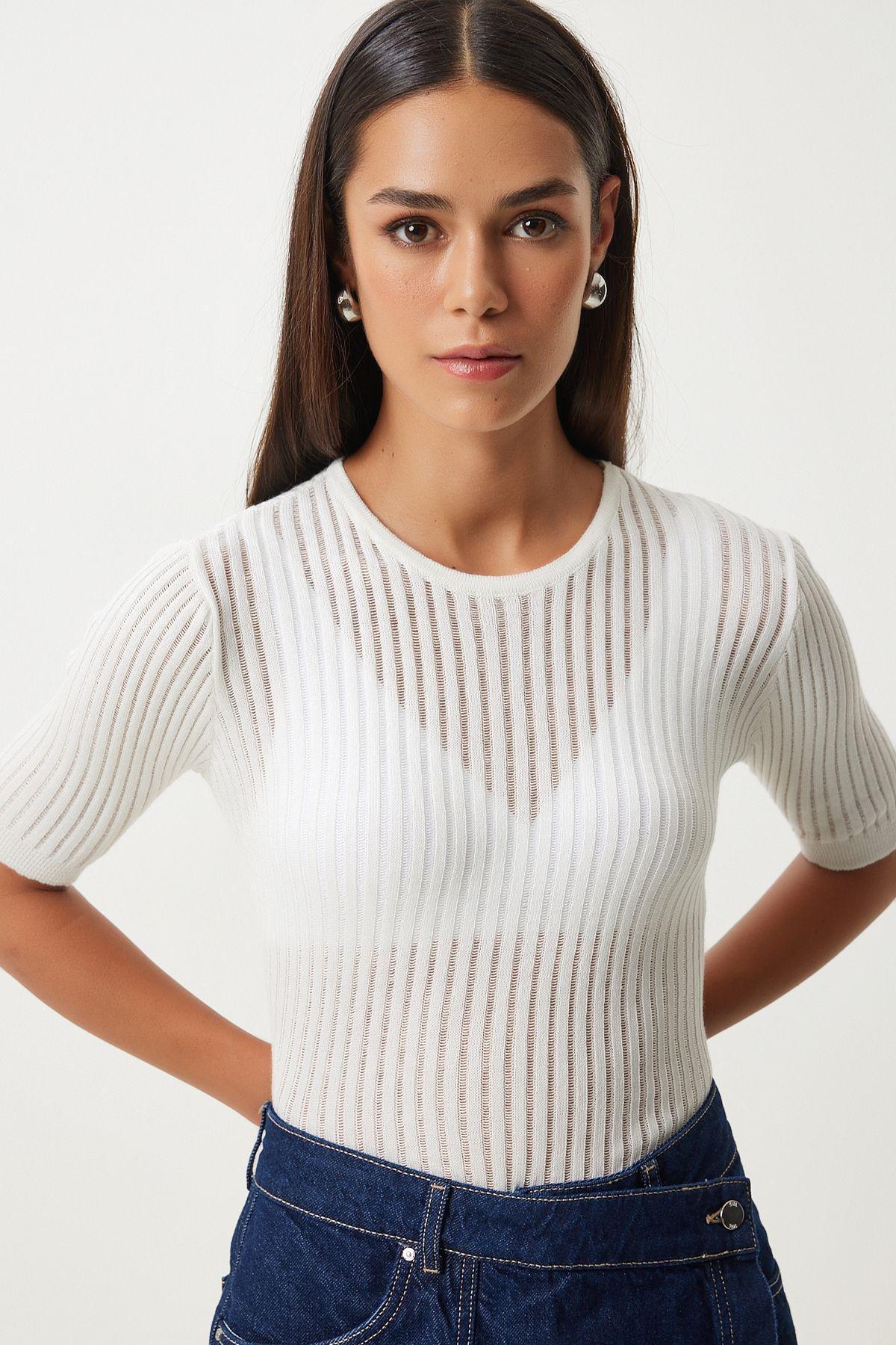 Beige Transparent Knitwear Blouse, Ecru, large image number 0