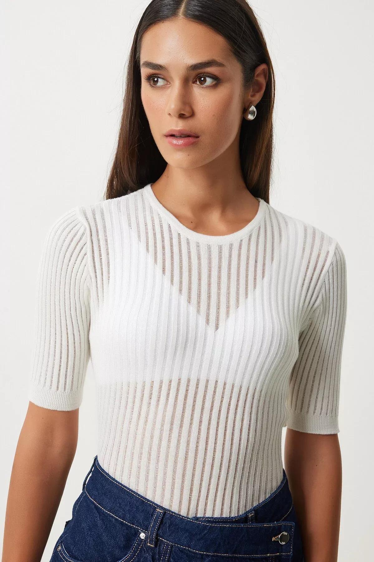 Beige Transparent Knitwear Blouse, Ecru, large image number 2