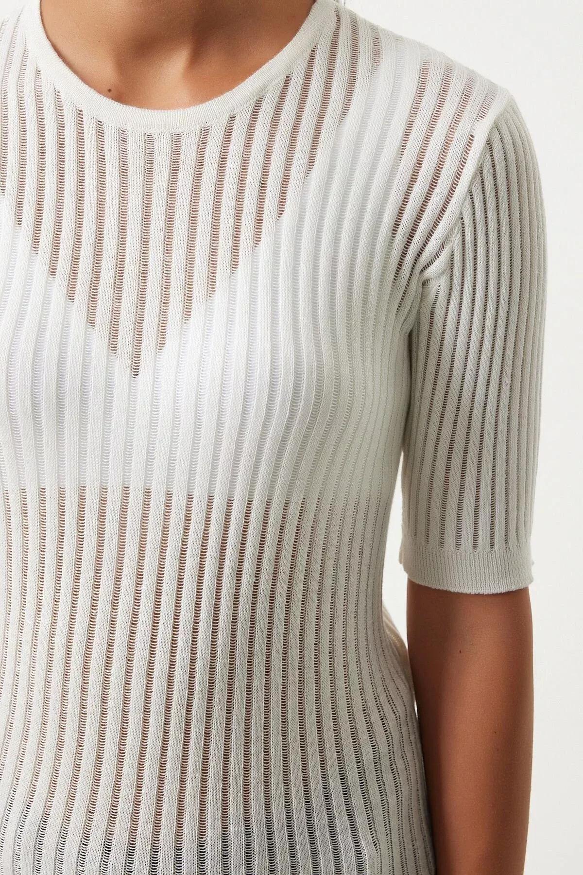 Beige Transparent Knitwear Blouse, Ecru, large image number 3