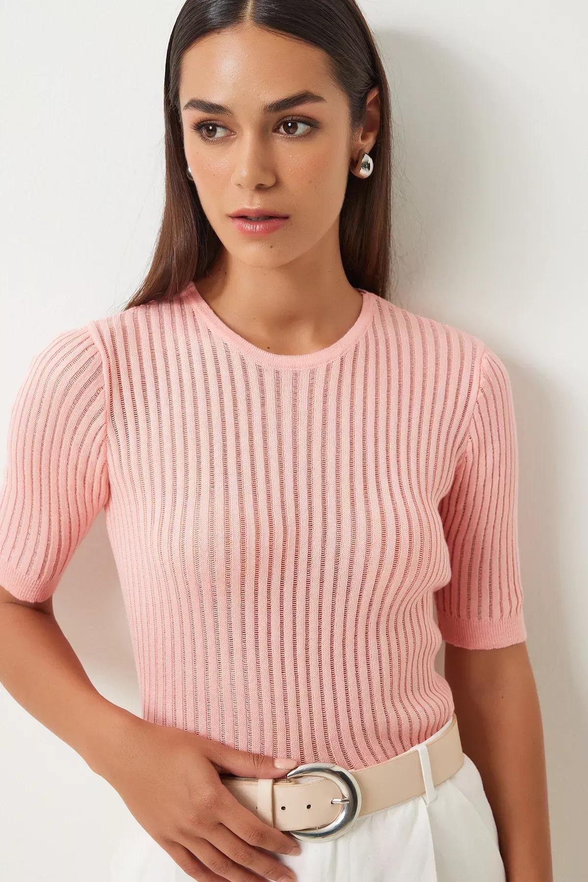 Pink Lightly Transparent Knitted Blouse, Pink, large image number 1