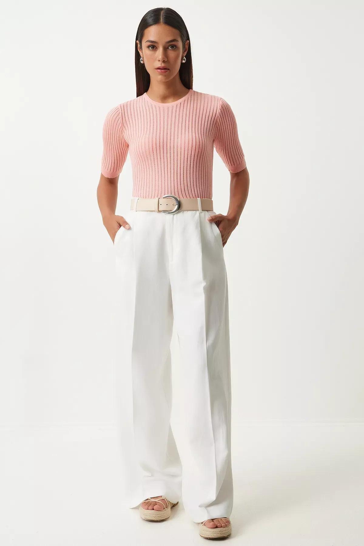 Pink Lightly Transparent Knitted Blouse, Pink, large image number 3