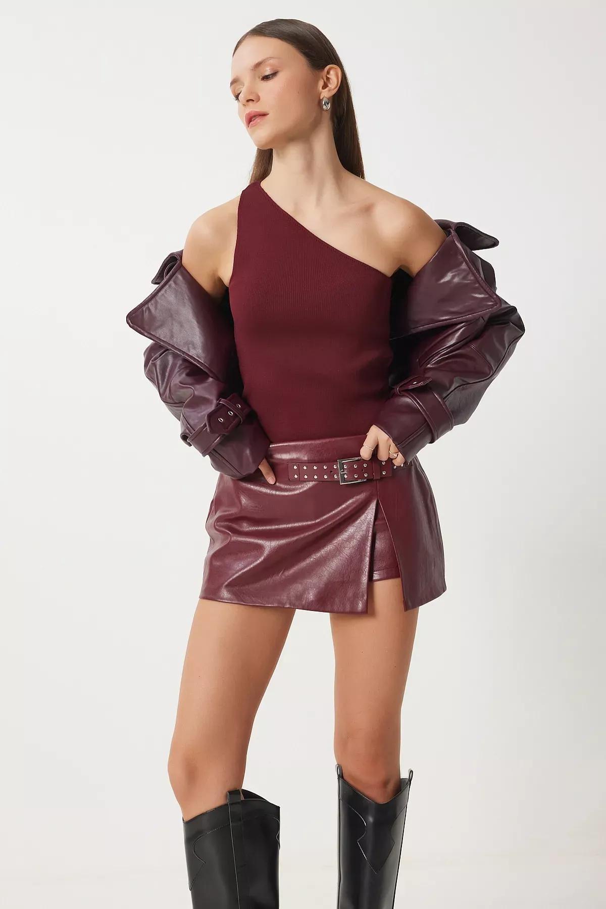 Burgundy One-Shoulder Wrap Knitted Blouse, Burgundy, large image number 0