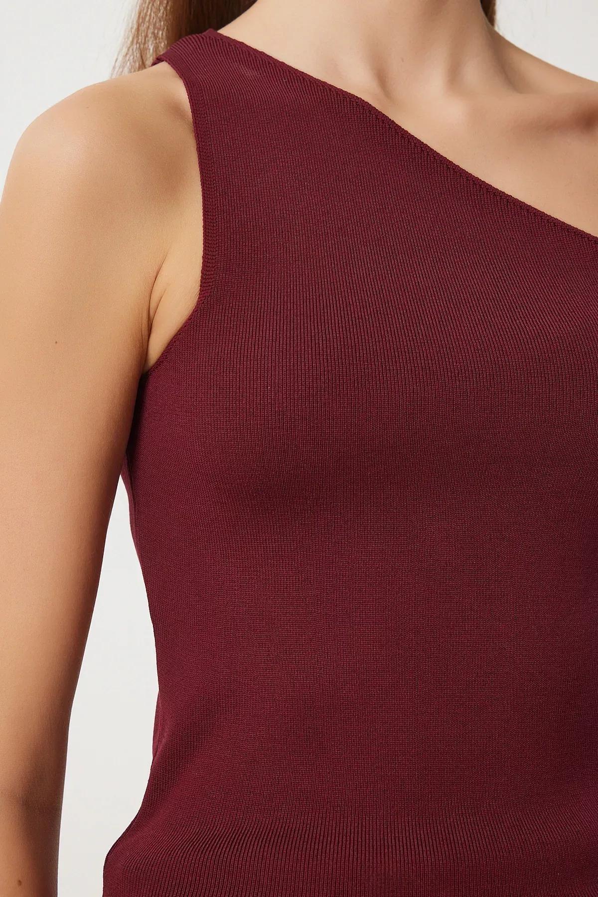 Burgundy One-Shoulder Wrap Knitted Blouse, Burgundy, large image number 3