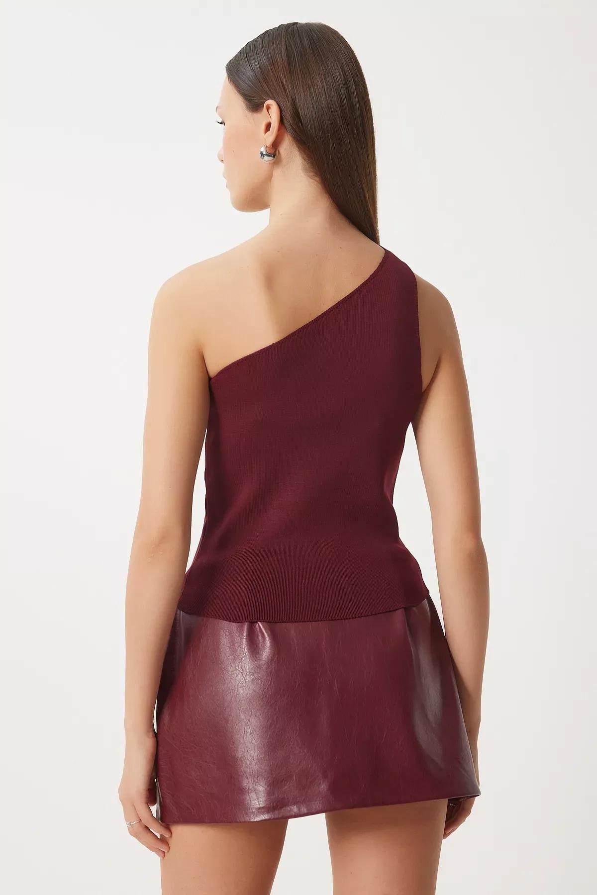 Burgundy One-Shoulder Wrap Knitted Blouse, Burgundy, large image number 4