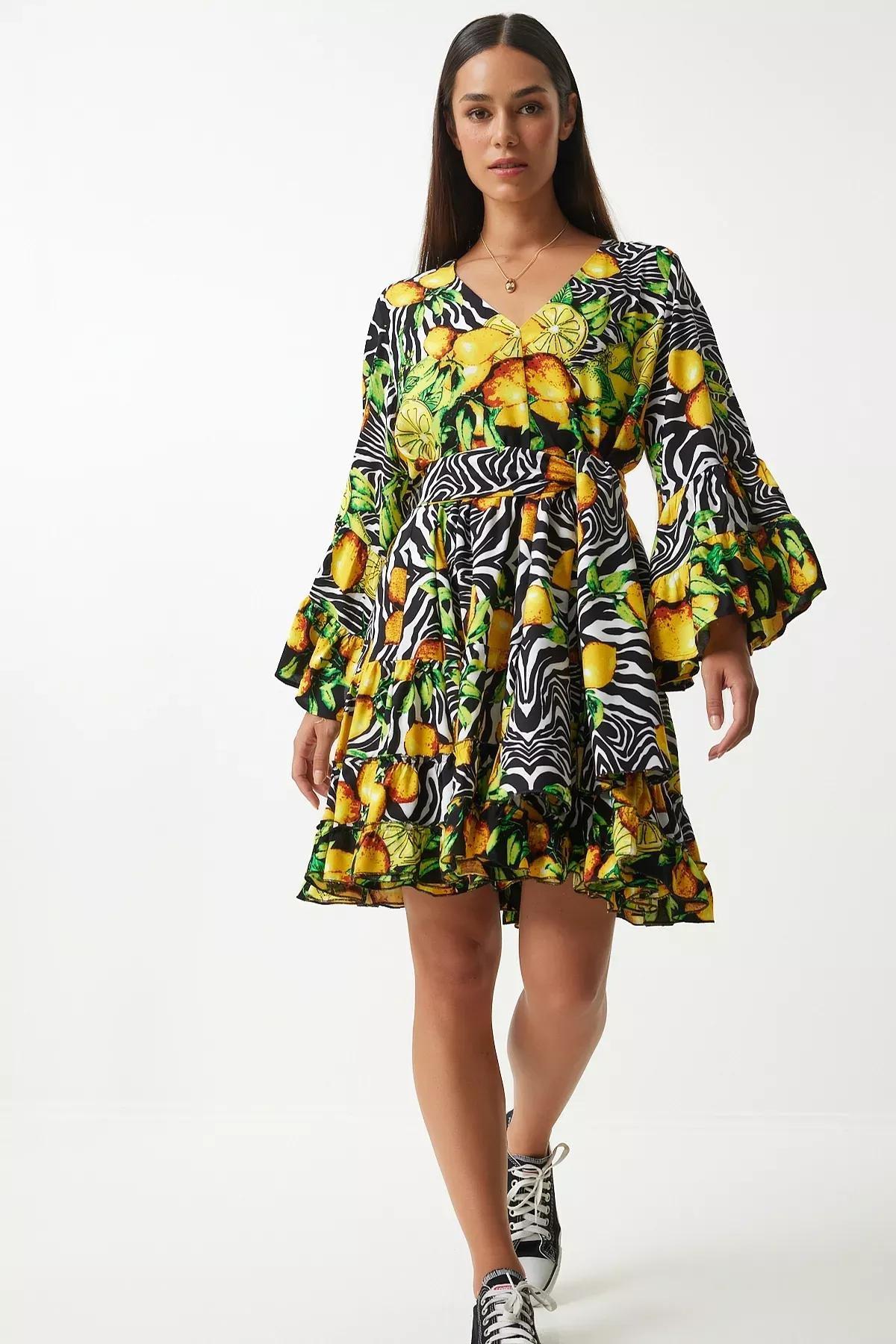 Multicolour Patterned Detailed Dress, Yellow Black, large image number 0