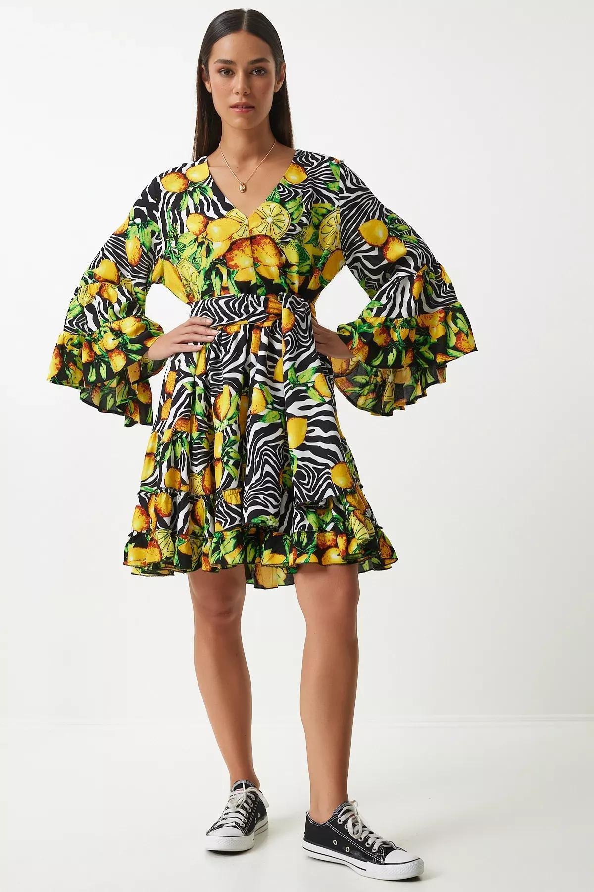 Multicolour Patterned Detailed Dress, Yellow Black, large image number 1