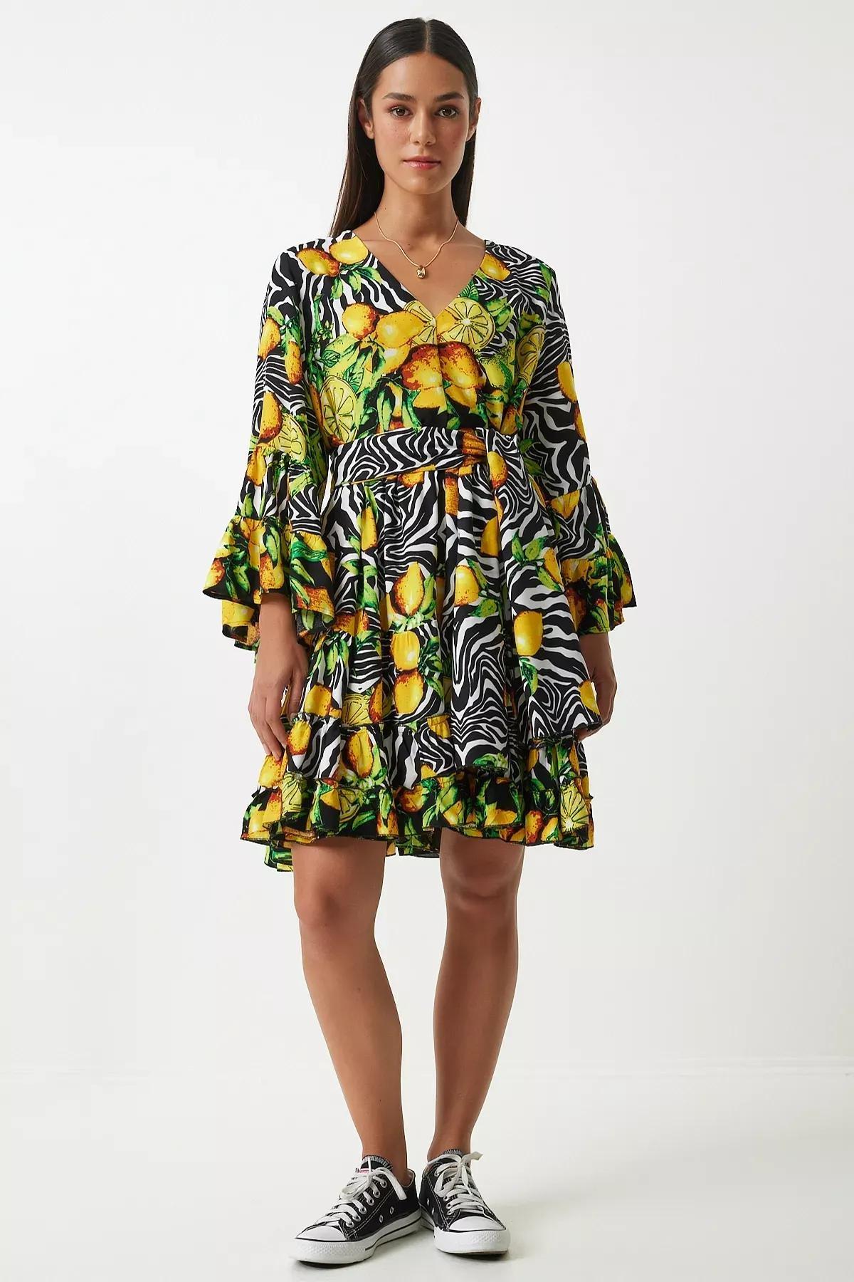 Multicolour Patterned Detailed Dress, Yellow Black, large image number 2