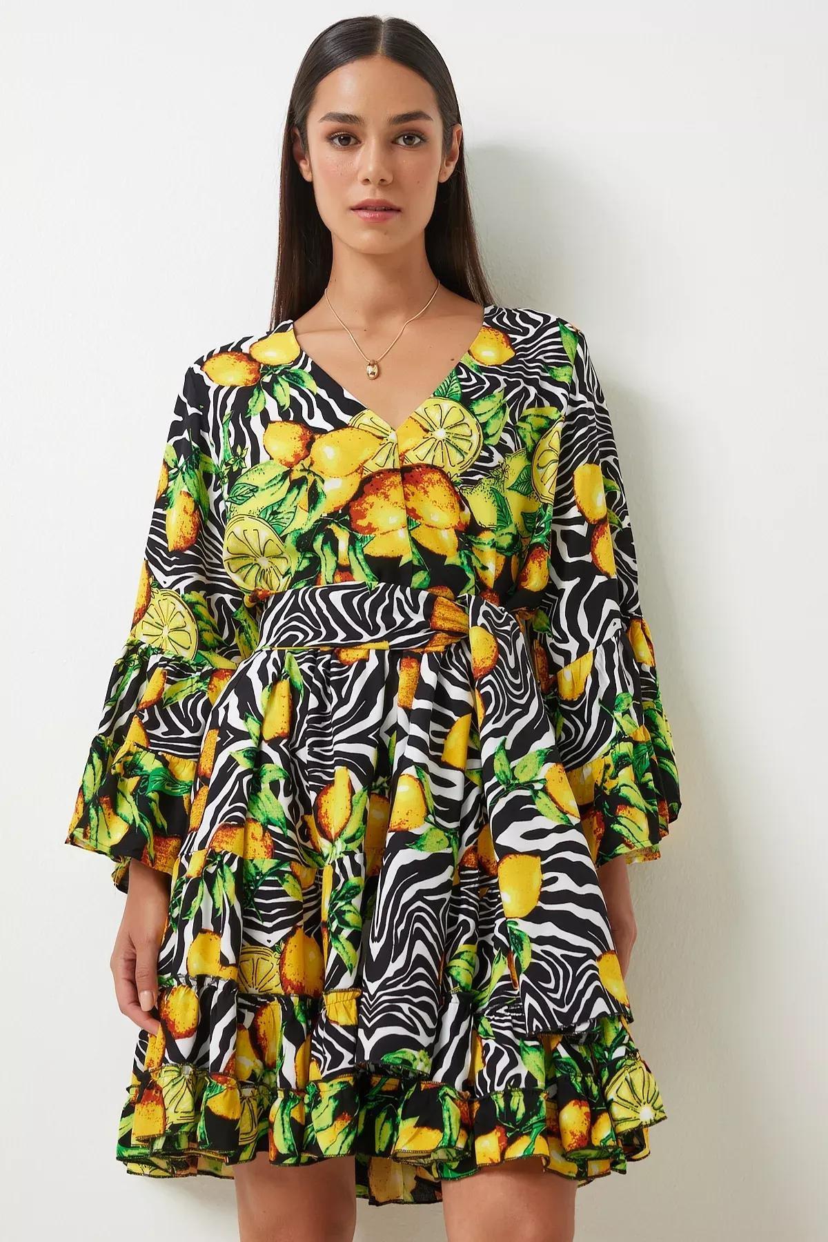 Multicolour Patterned Detailed Dress, Yellow Black, large image number 3