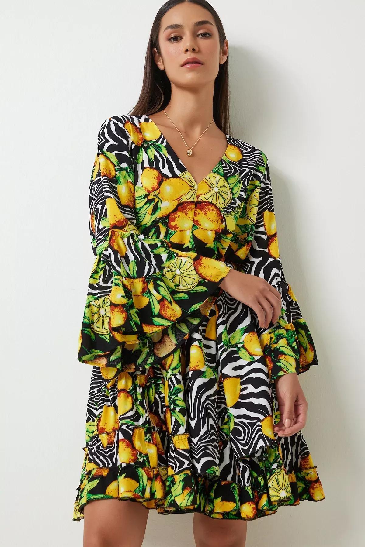 Multicolour Patterned Detailed Dress, Yellow Black, large image number 4