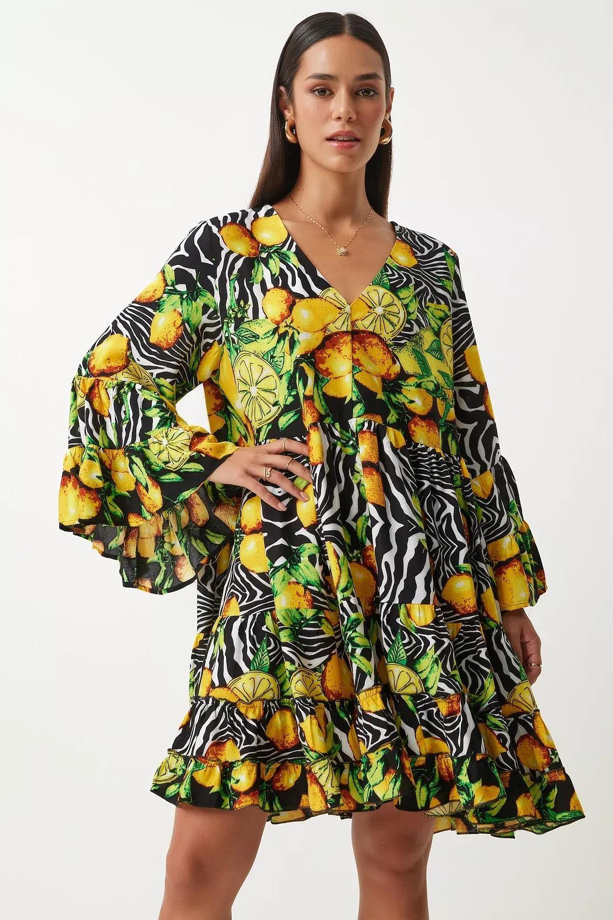 Multicolour Patterned Detailed Dress, Yellow Black, large image number 5
