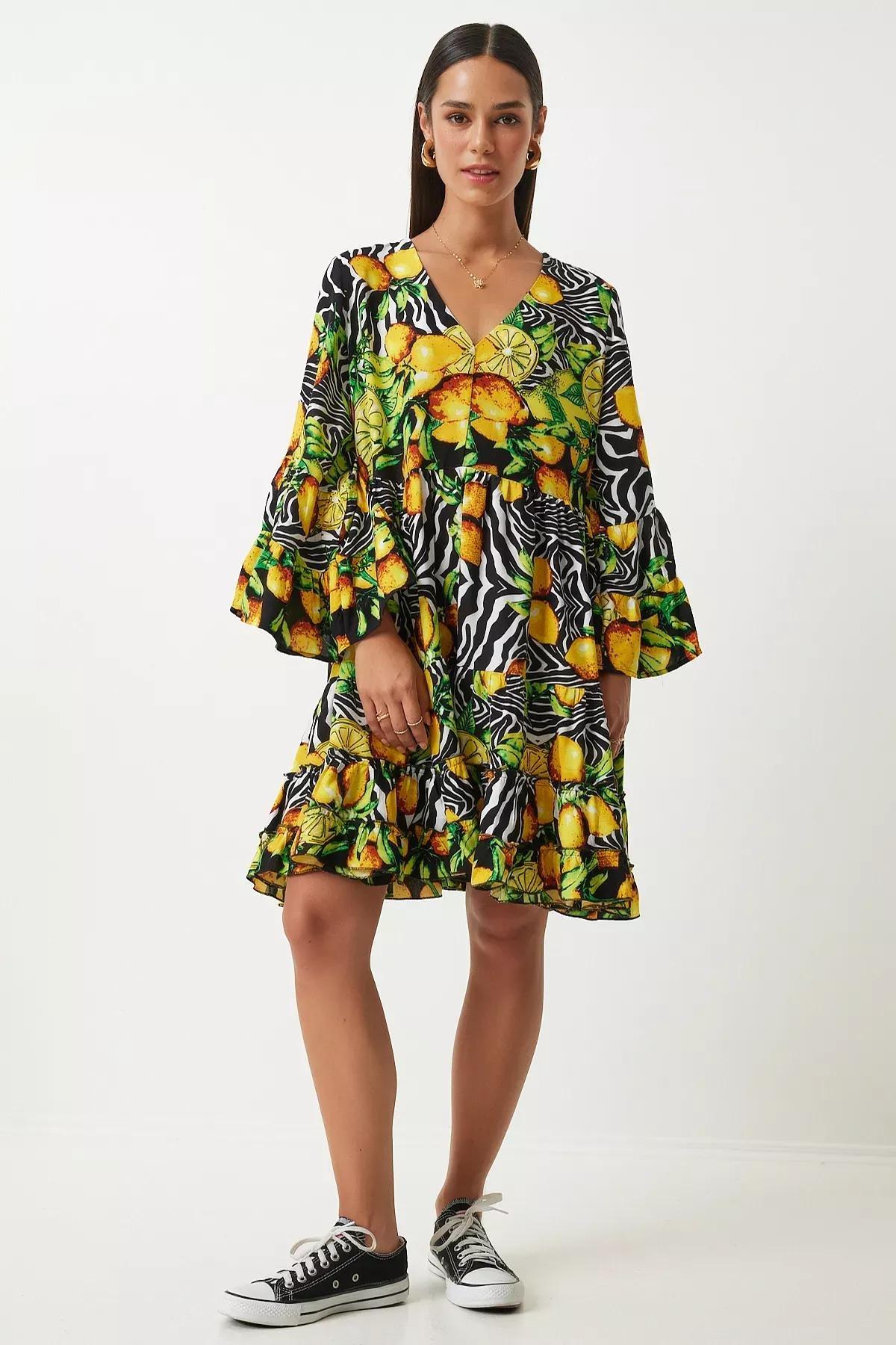 Multicolour Patterned Detailed Dress, Yellow Black, large image number 6