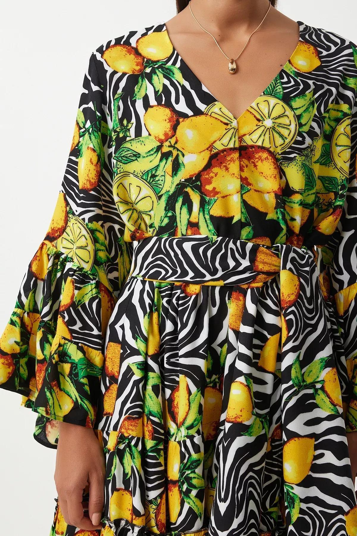 Multicolour Patterned Detailed Dress, Yellow Black, large image number 7