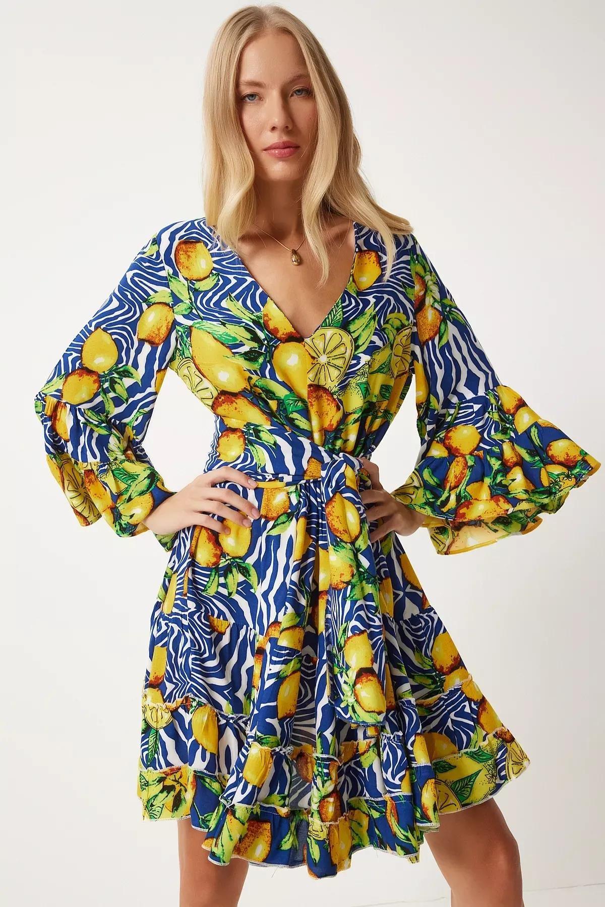 Yellow Patterned Summer Loose Dress, Navy Blue White, large image number 0
