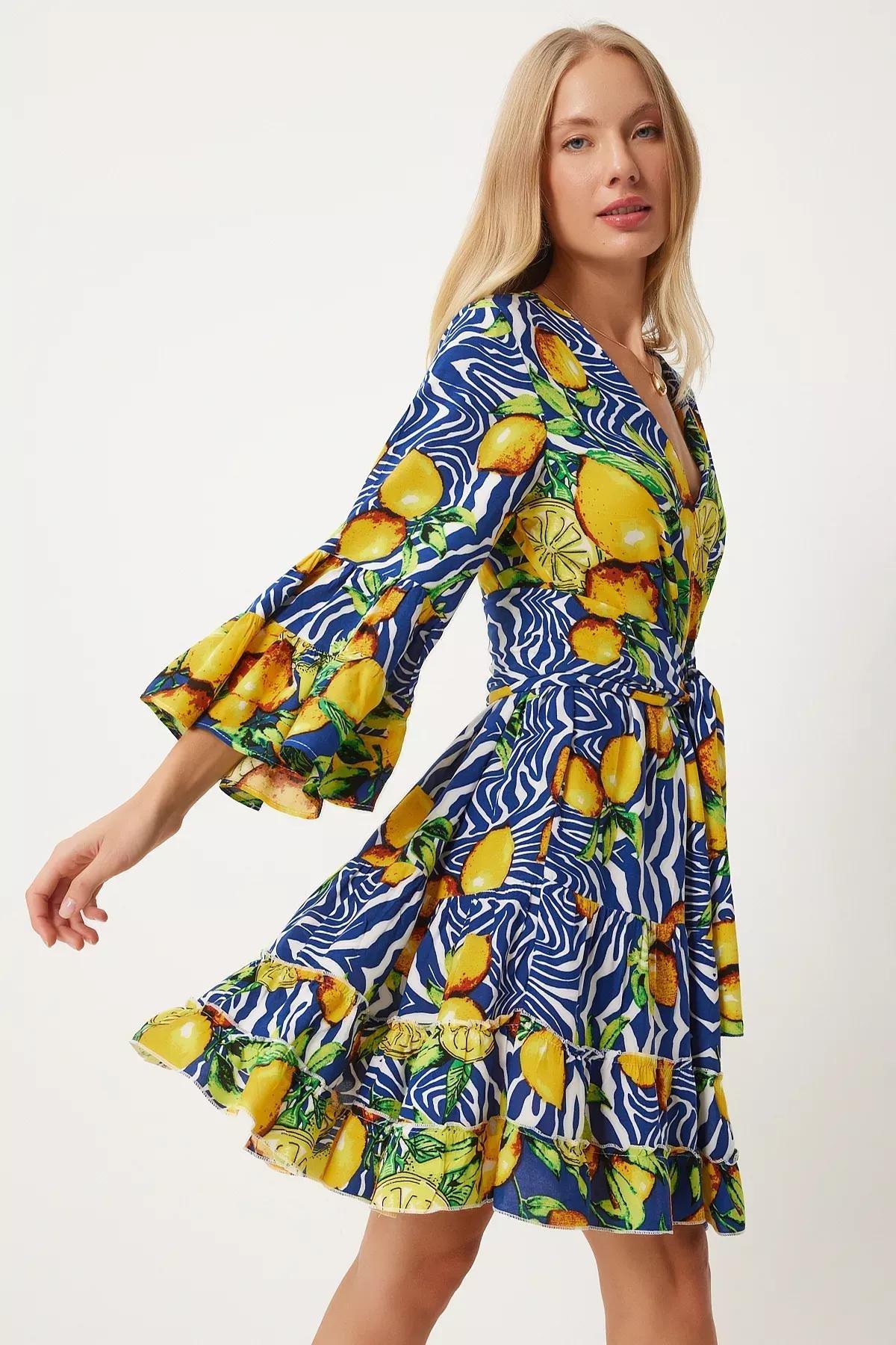 Yellow Patterned Summer Loose Dress, Navy Blue White, large image number 1