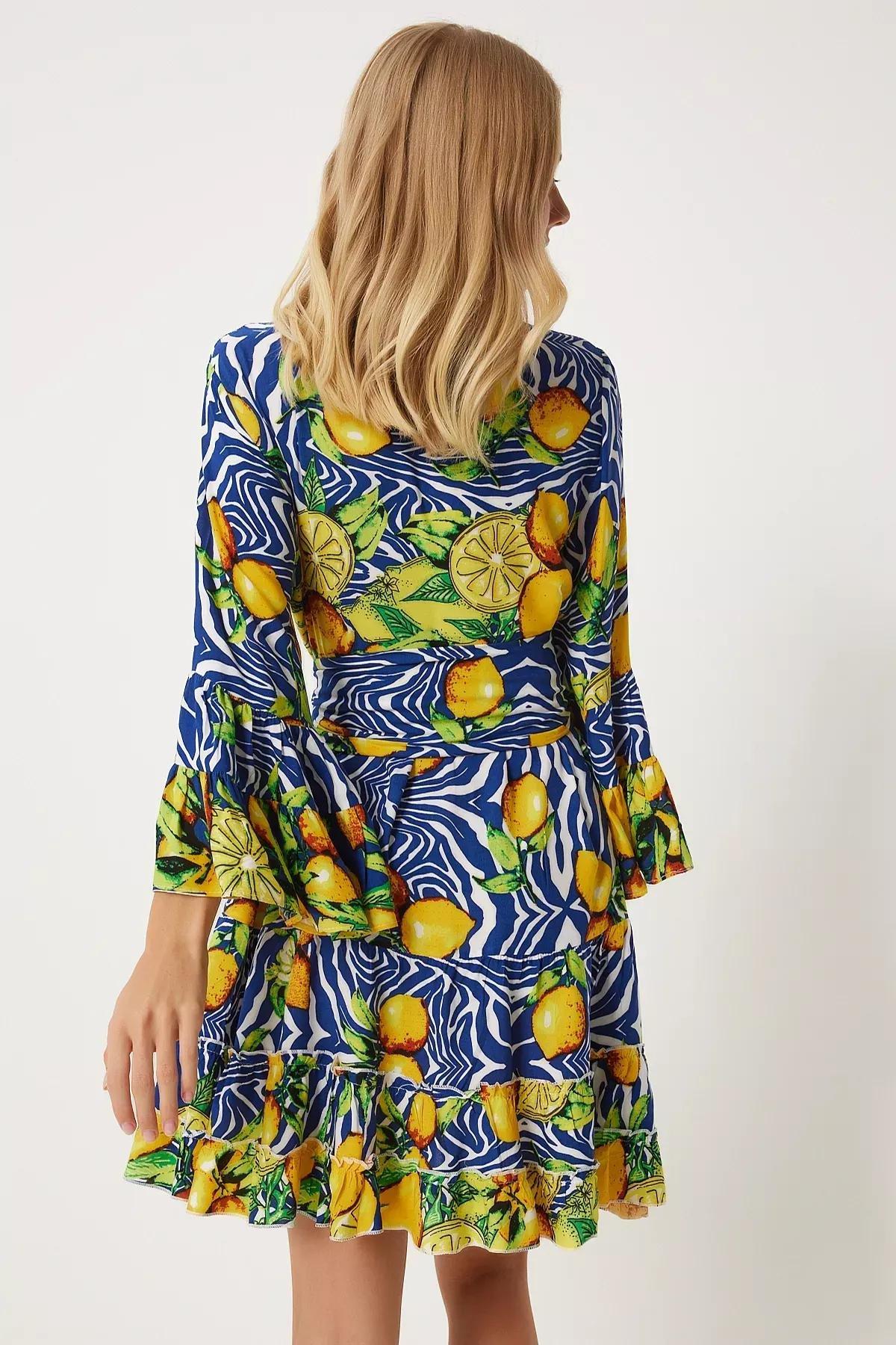 Yellow Patterned Summer Loose Dress, Navy Blue White, large image number 2