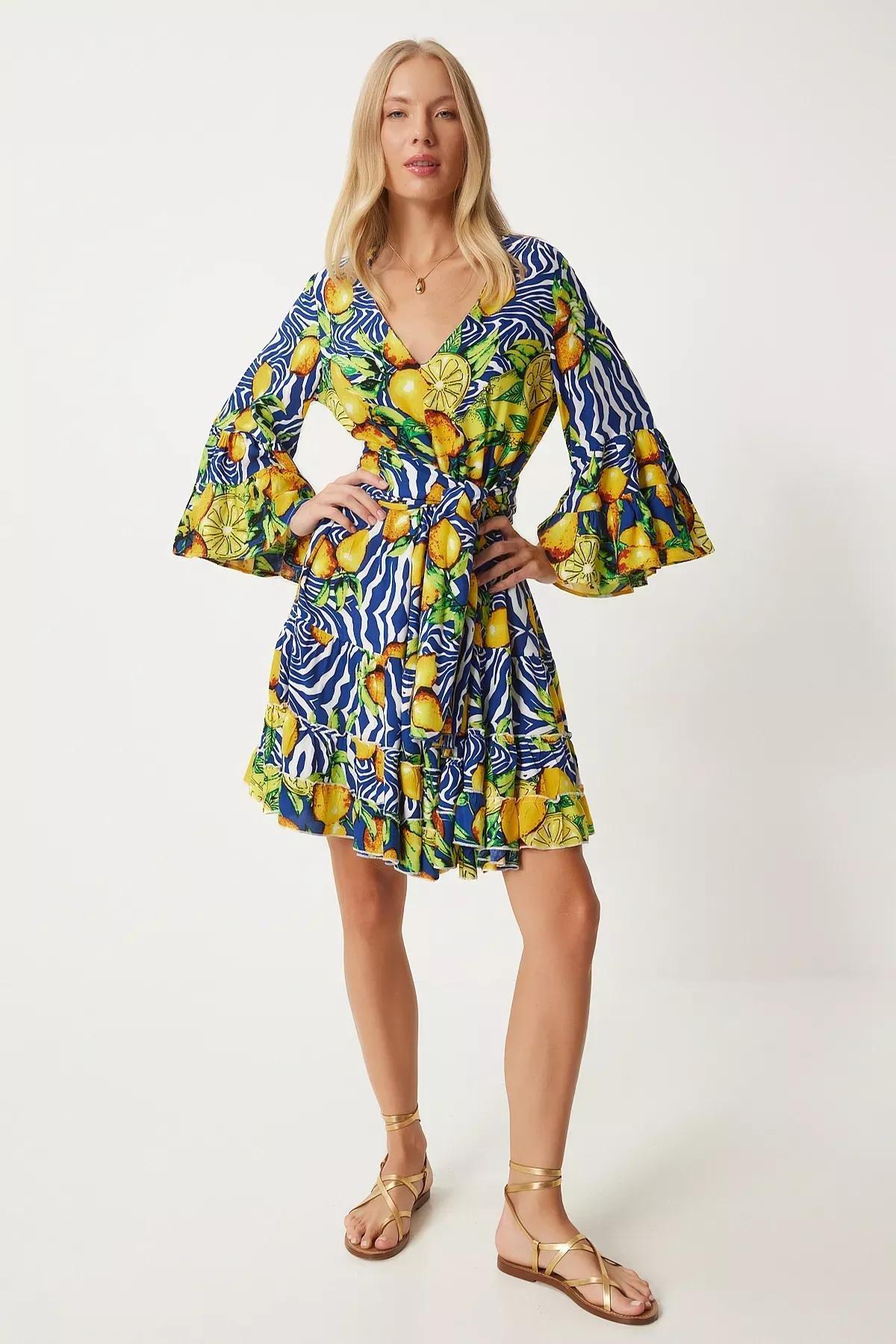 Yellow Patterned Summer Loose Dress, Navy Blue White, large image number 3