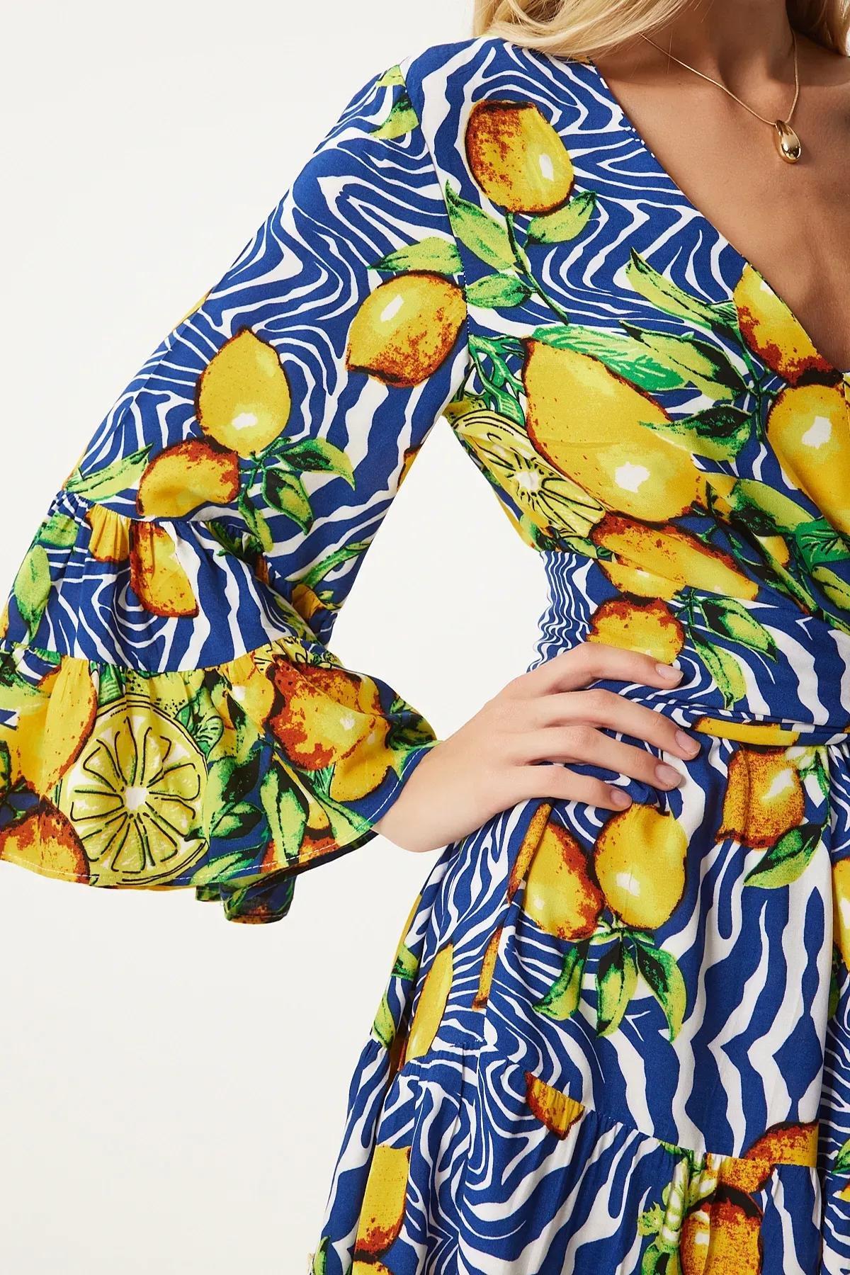 Yellow Patterned Summer Loose Dress, Navy Blue White, large image number 4