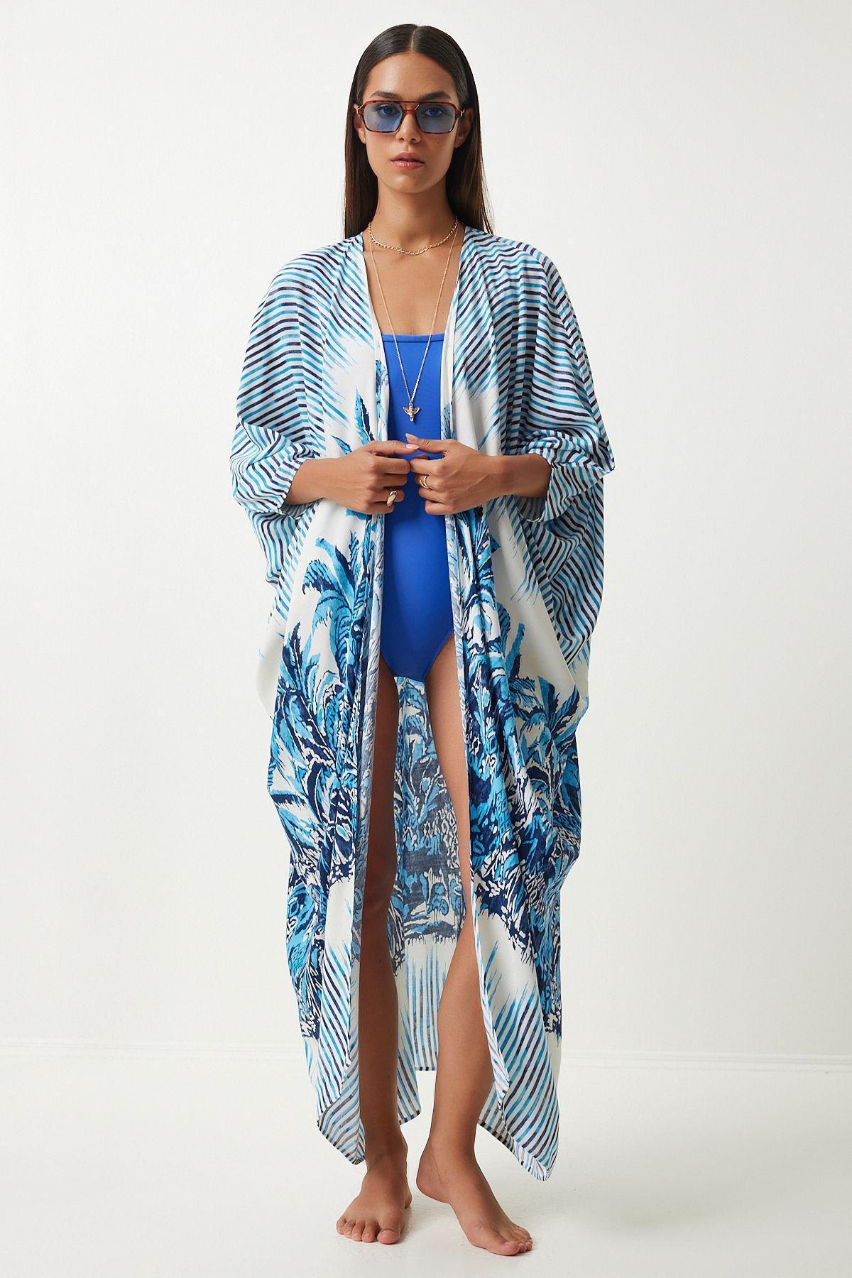 Blue Beige Patterned Asymmetrical Kimono,, Blue Ecru, large image number 0