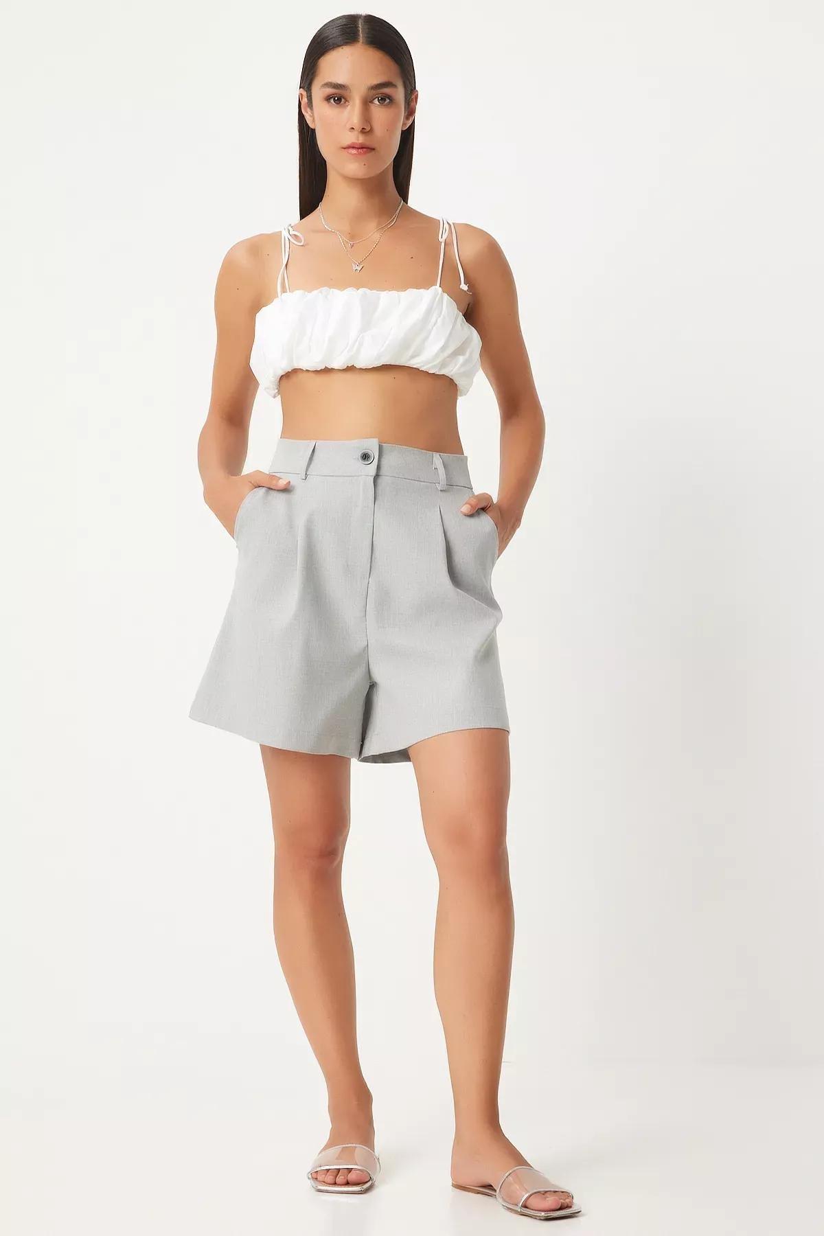 Womens Grey Pleated Viscose Shorts, , large image number 0