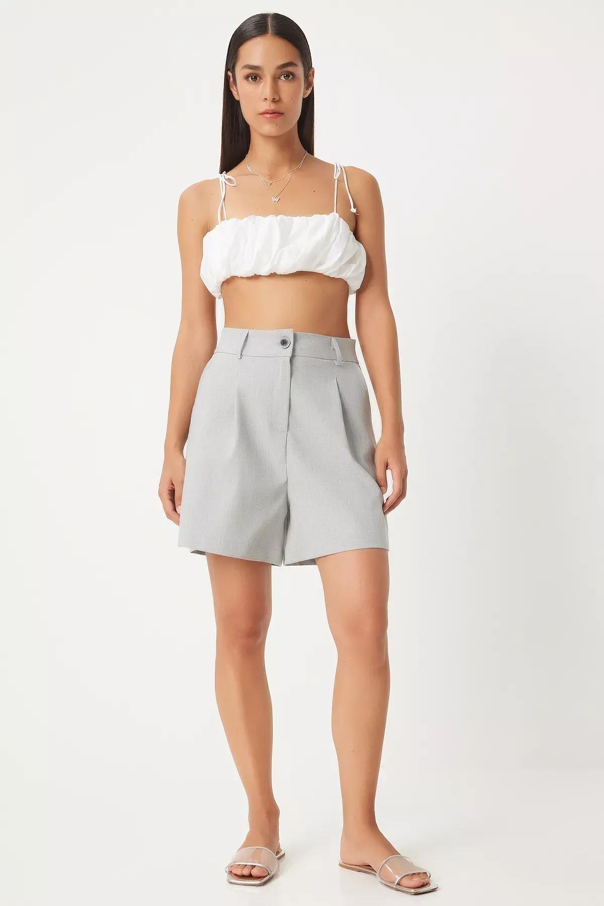 Womens Grey Pleated Viscose Shorts, , large image number 1
