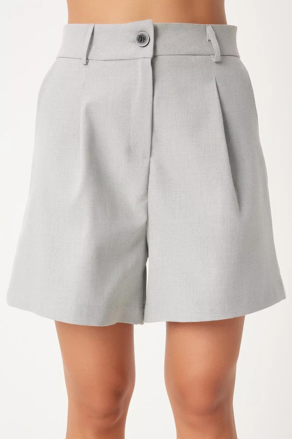 Womens Grey Pleated Viscose Shorts, , large image number 2