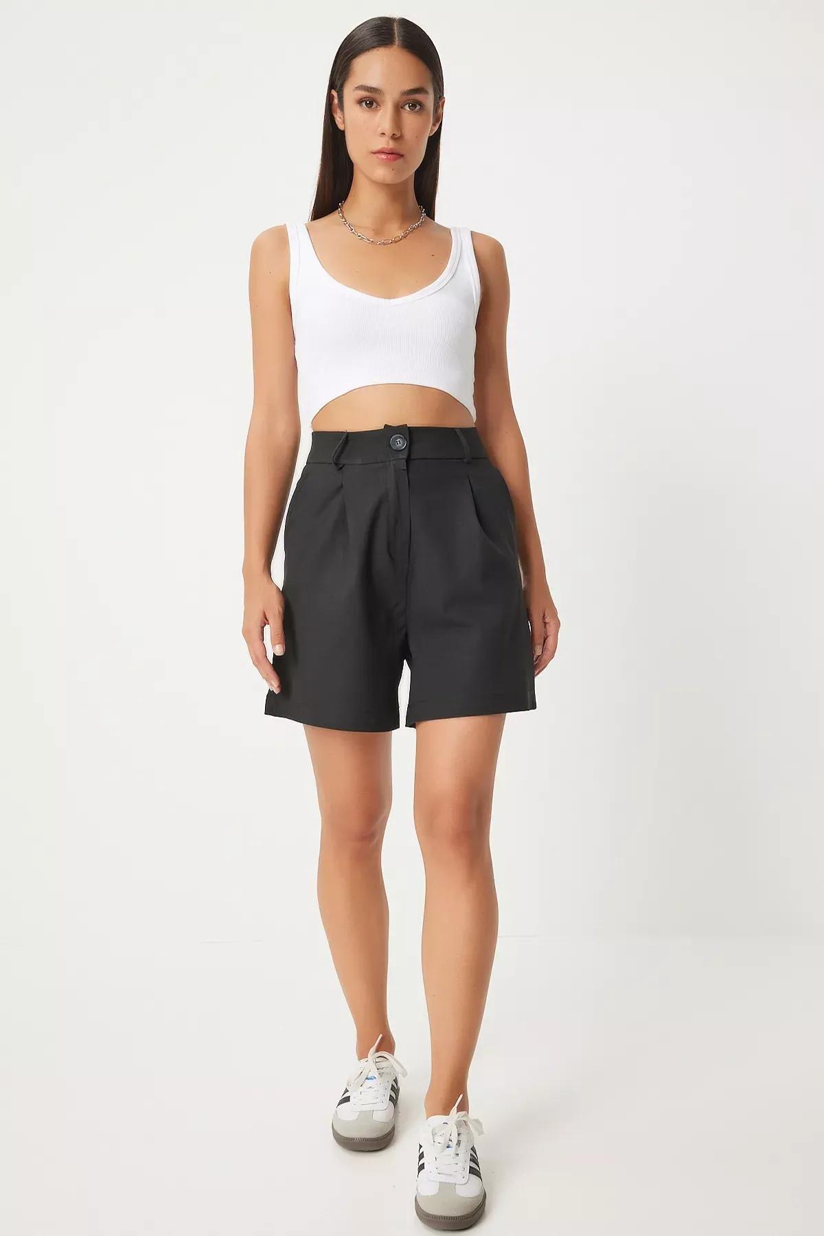Black Pleated Viscose Shorts, , large image number 0